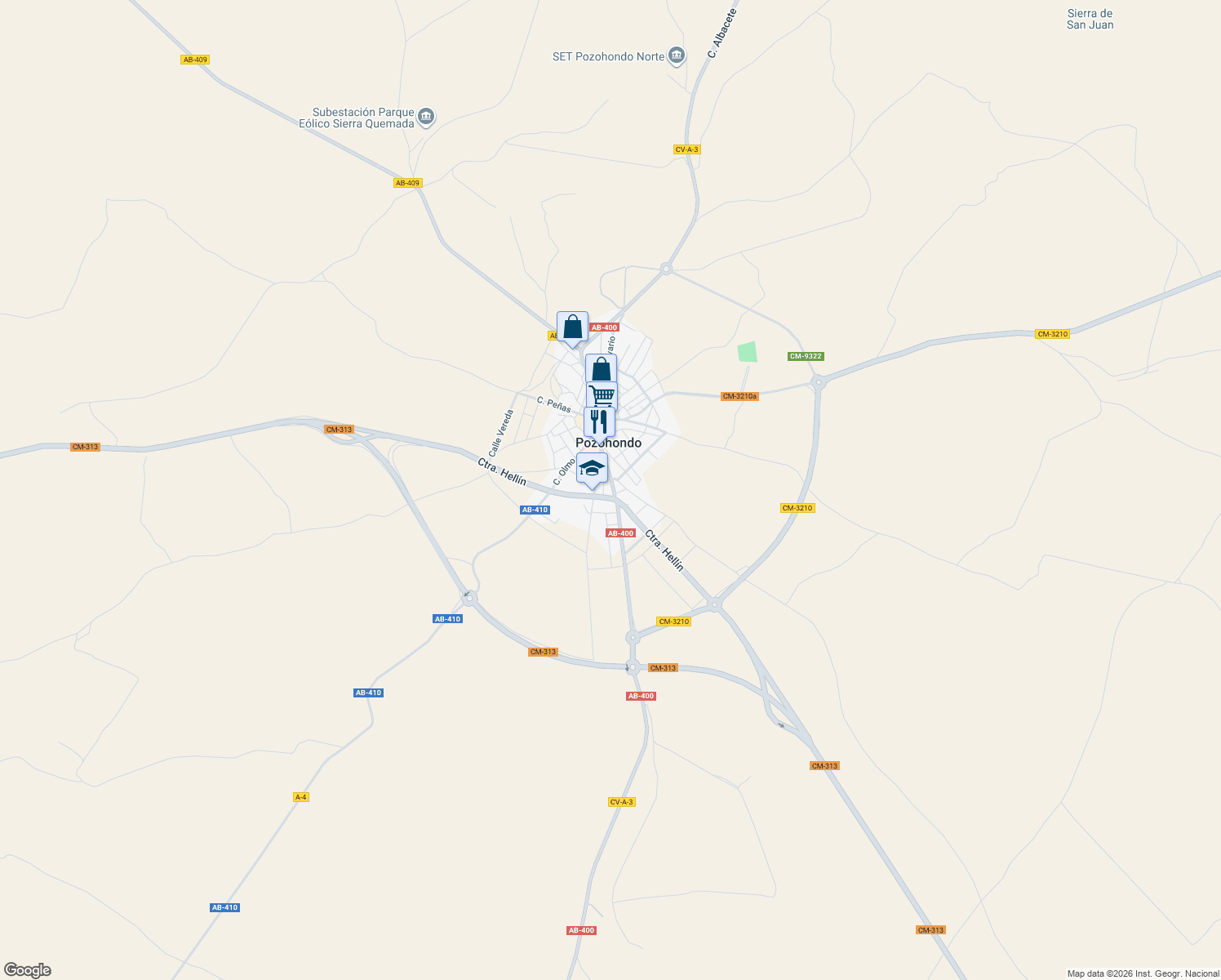 map of restaurants, bars, coffee shops, grocery stores, and more near 26 Avenida Mancha in Pozohondo