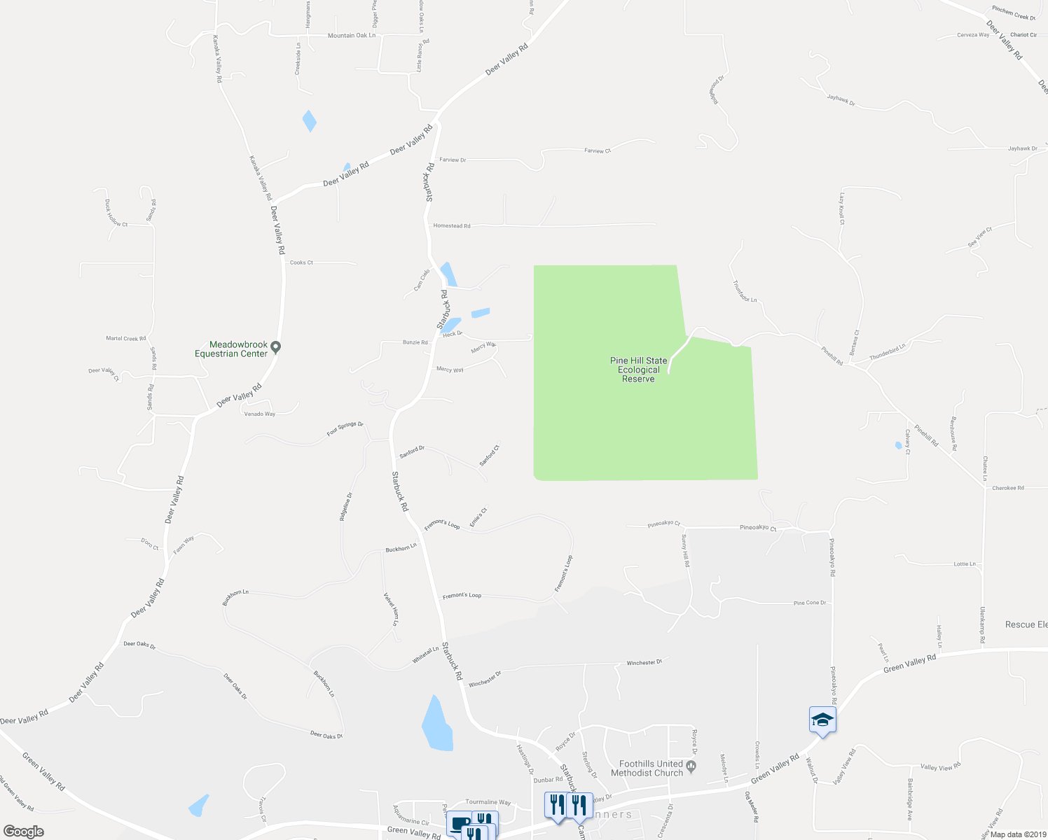 map of restaurants, bars, coffee shops, grocery stores, and more near 2352 Sanford Drive in Rescue