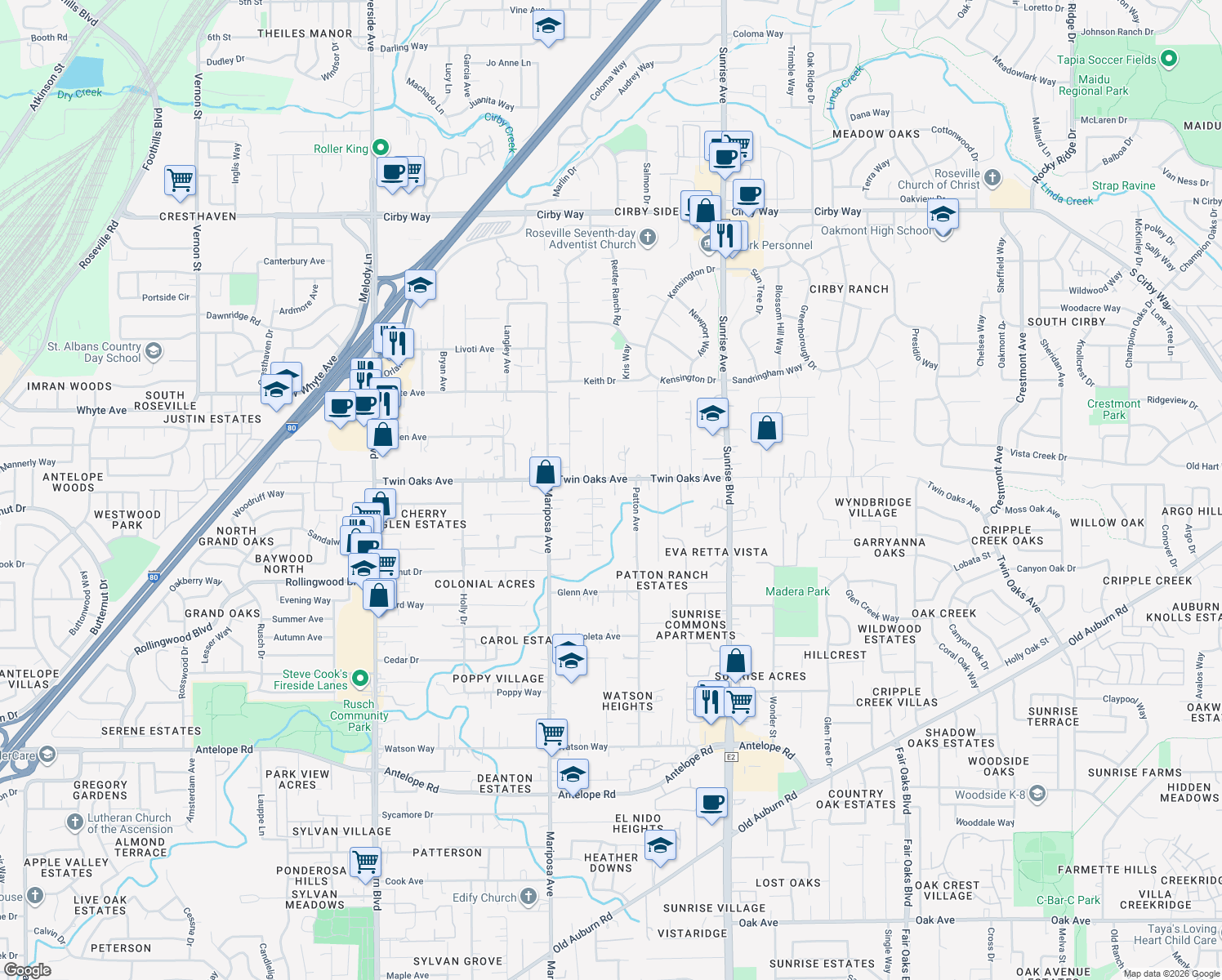 map of restaurants, bars, coffee shops, grocery stores, and more near 7770 Twin Oaks Avenue in Citrus Heights