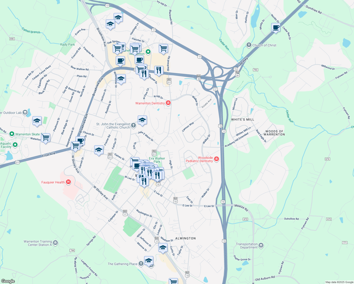 map of restaurants, bars, coffee shops, grocery stores, and more near 52 Fishback Court in Warrenton