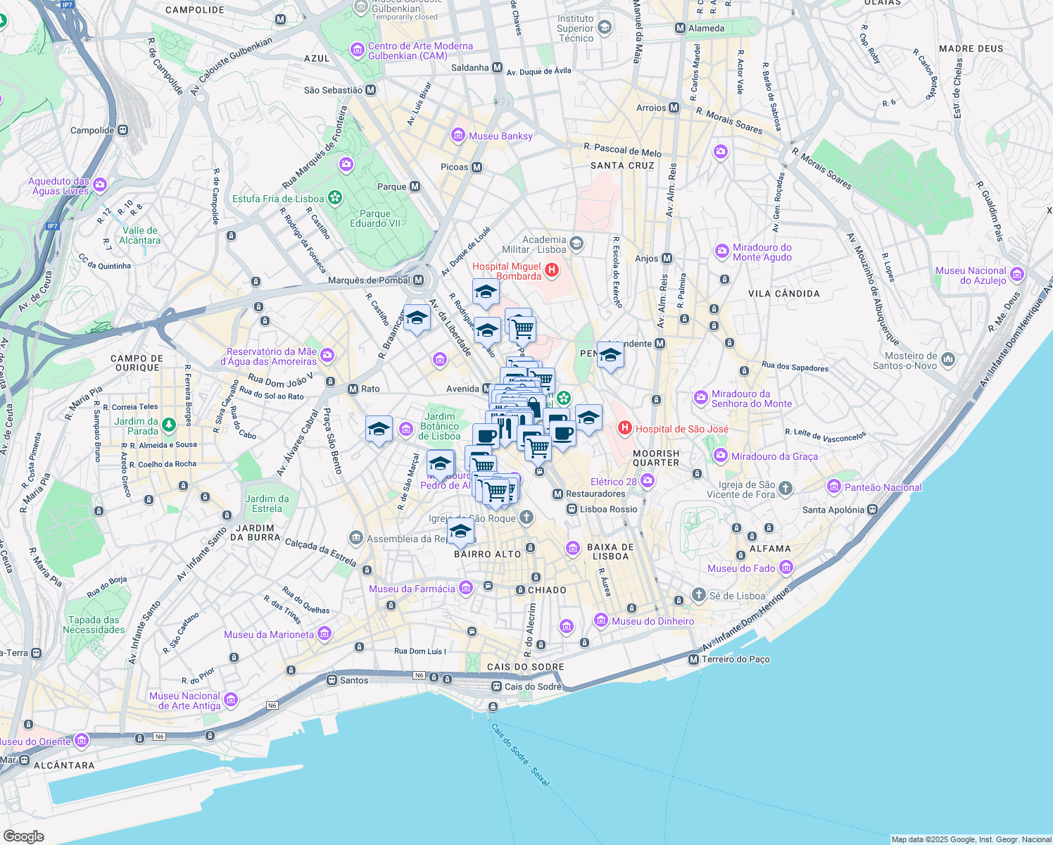 map of restaurants, bars, coffee shops, grocery stores, and more near 92 Avenida da Liberdade in Lisboa