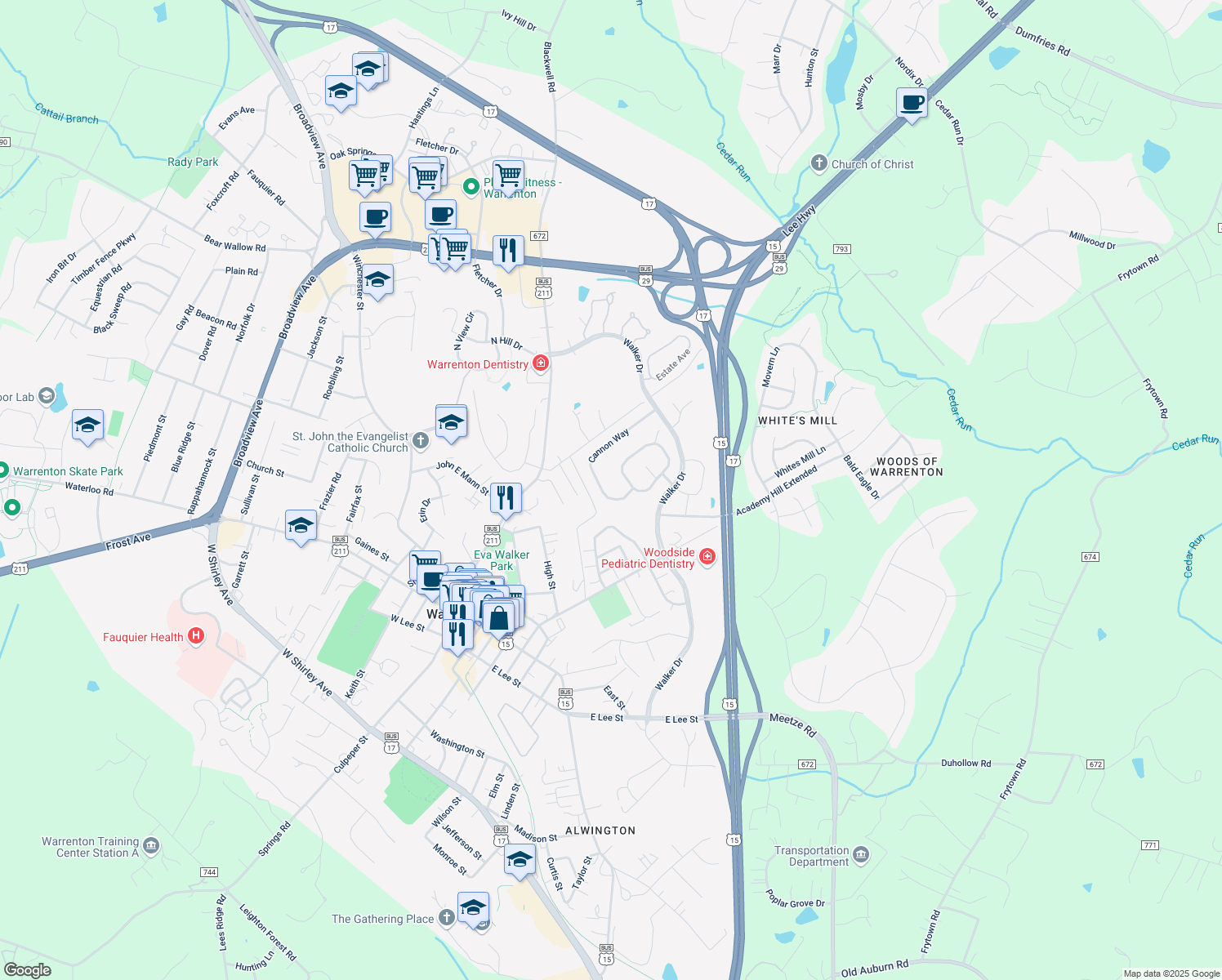 map of restaurants, bars, coffee shops, grocery stores, and more near 221 Cannon Way in Warrenton