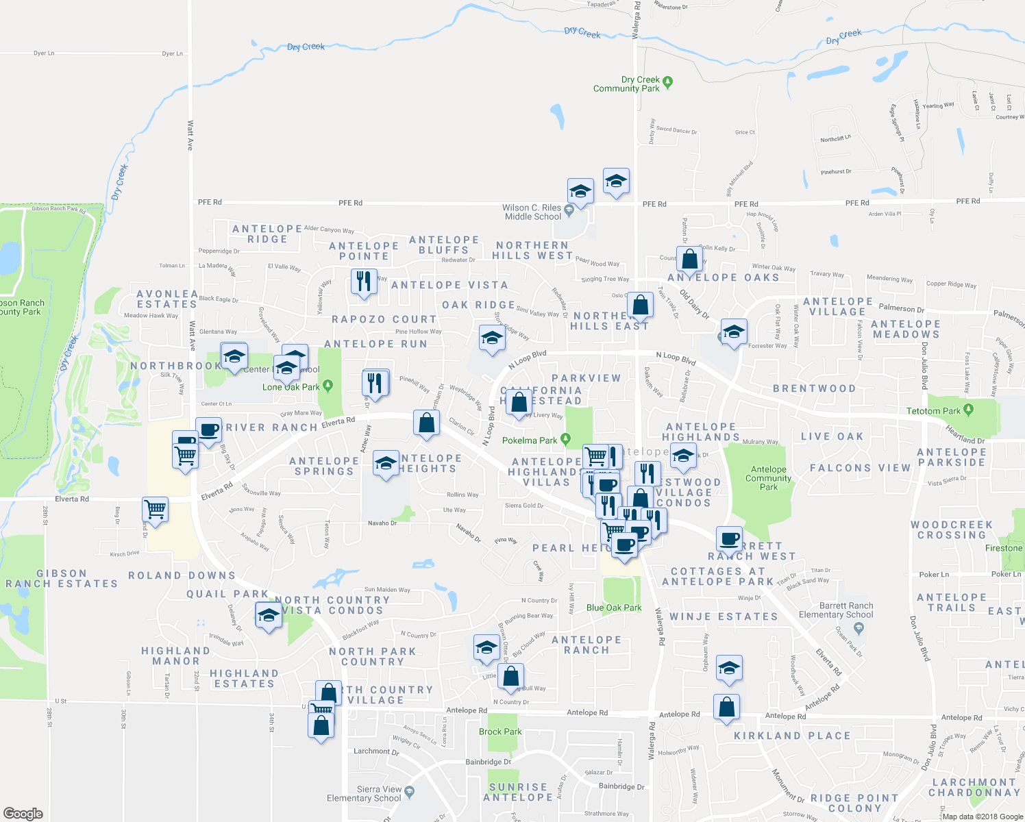 map of restaurants, bars, coffee shops, grocery stores, and more near 3937 Grey Livery Way in Antelope