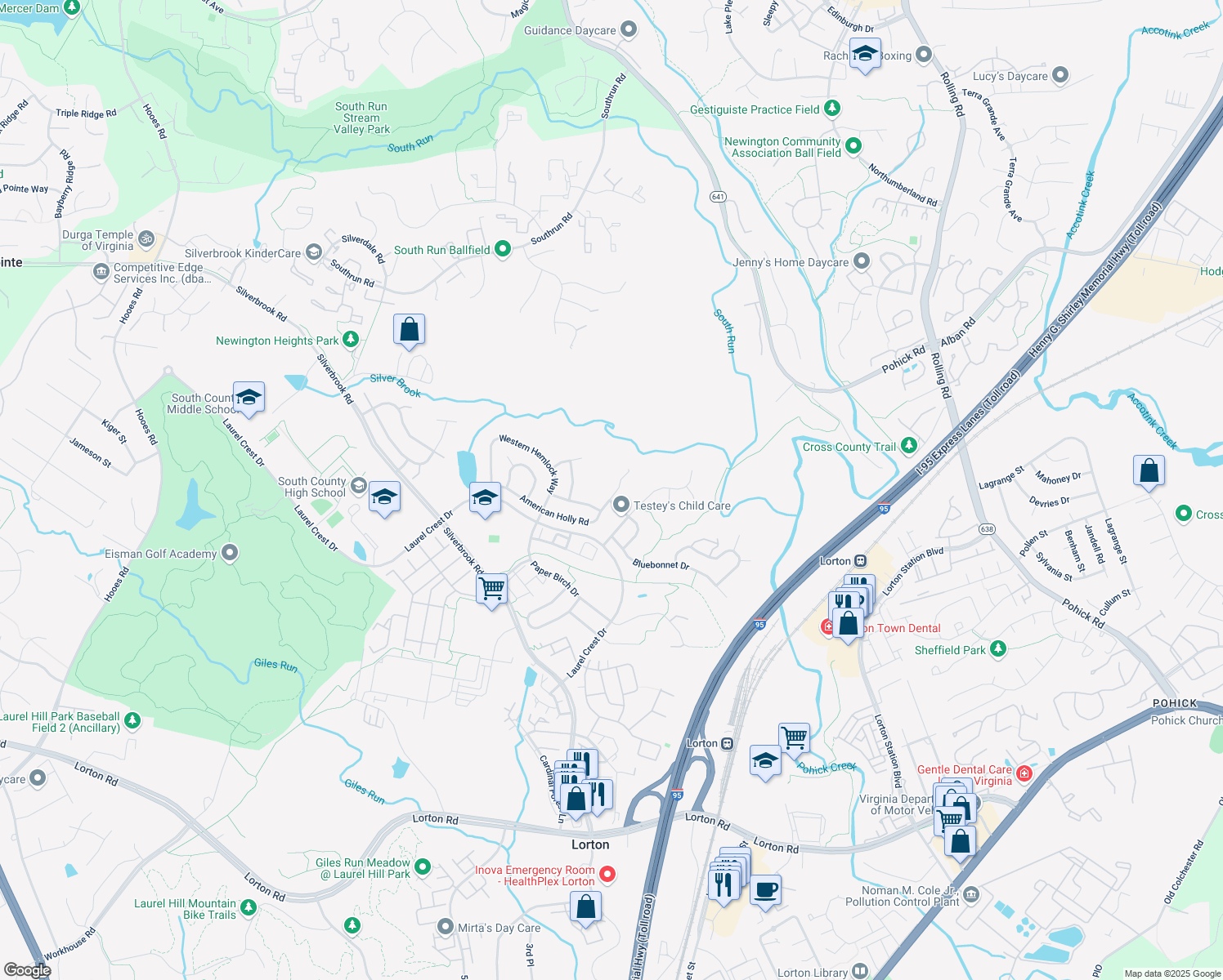 map of restaurants, bars, coffee shops, grocery stores, and more near 8114 American Holly Road in Lorton