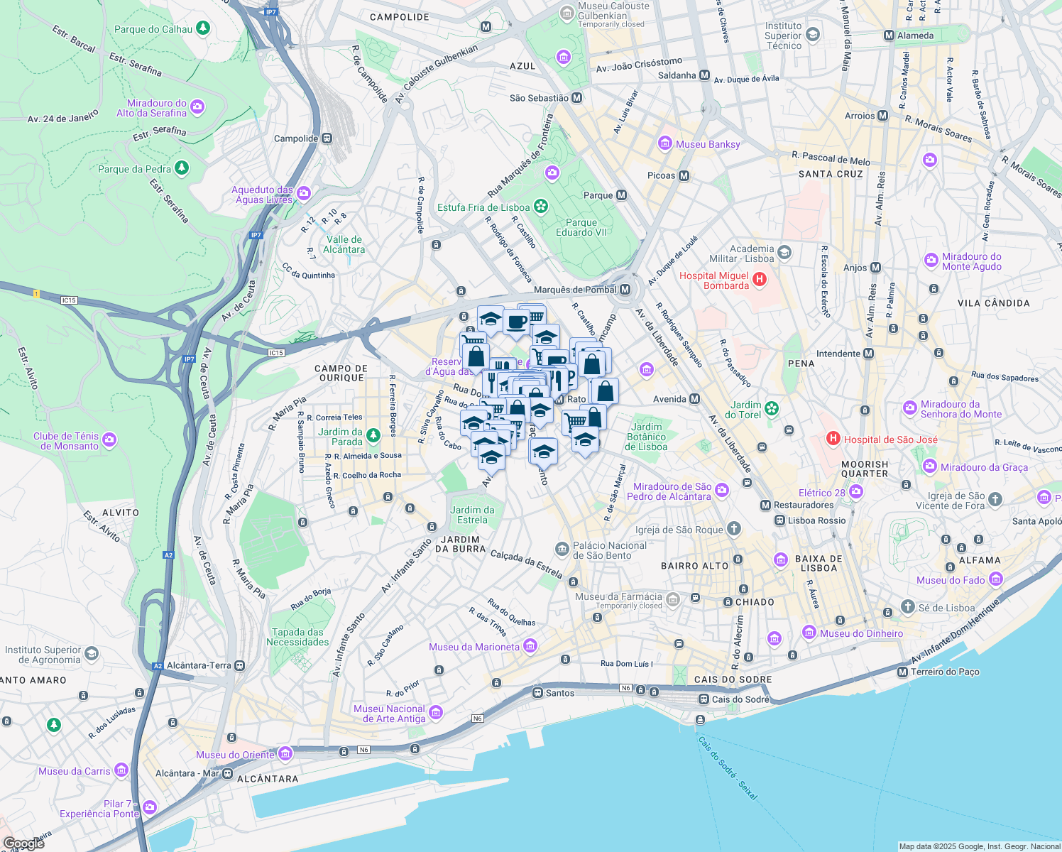 map of restaurants, bars, coffee shops, grocery stores, and more near 347 Rua de São Bento in Lisboa