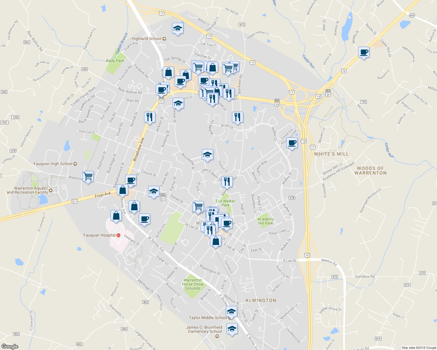 map of restaurants, bars, coffee shops, grocery stores, and more near 210 Louis Street in Warrenton
