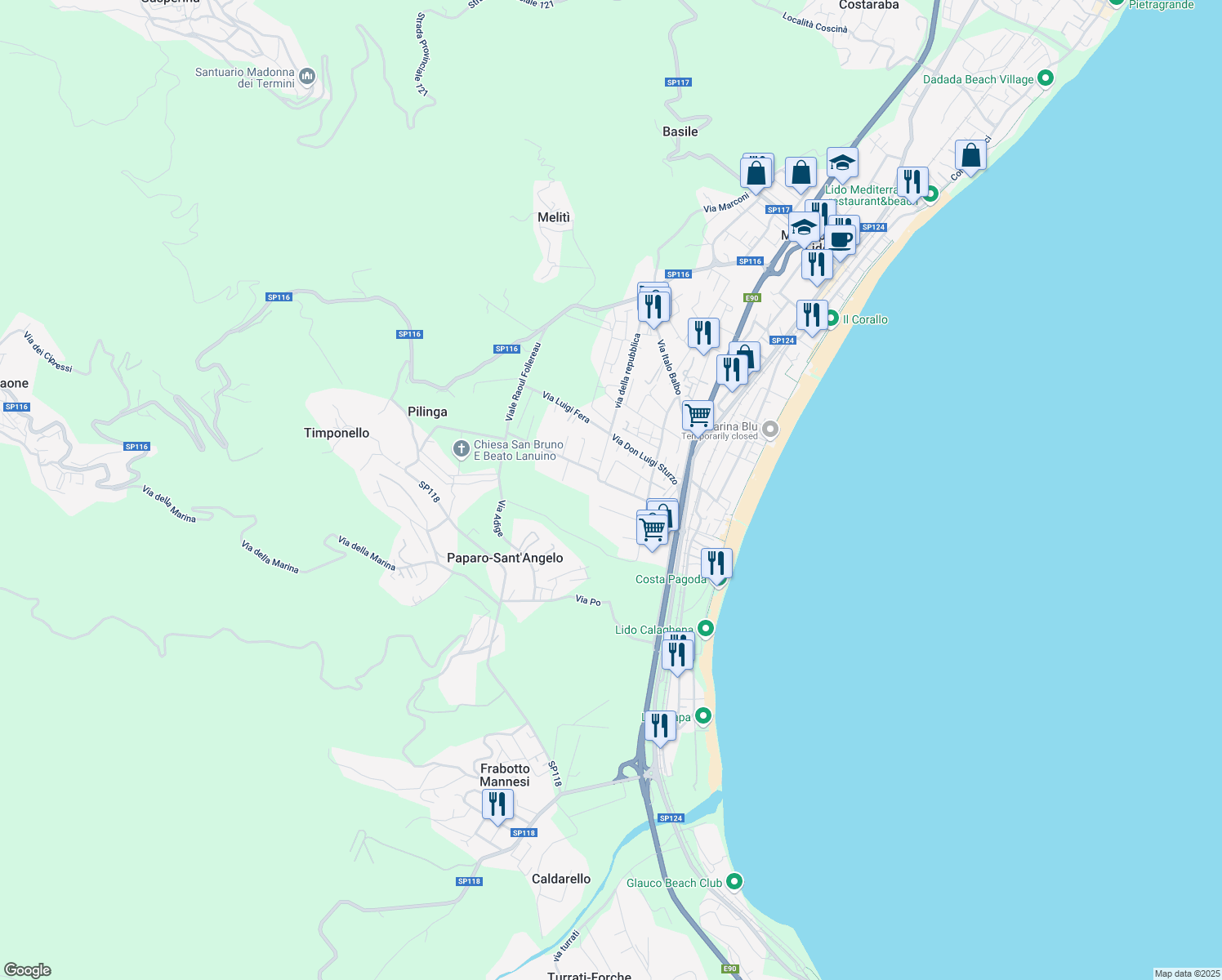 map of restaurants, bars, coffee shops, grocery stores, and more near 20 Via Filippo Turati in Montepaone Lido