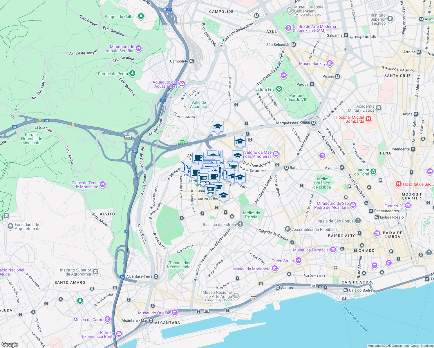 map of restaurants, bars, coffee shops, grocery stores, and more near 2A Rua Correia Teles in Lisboa