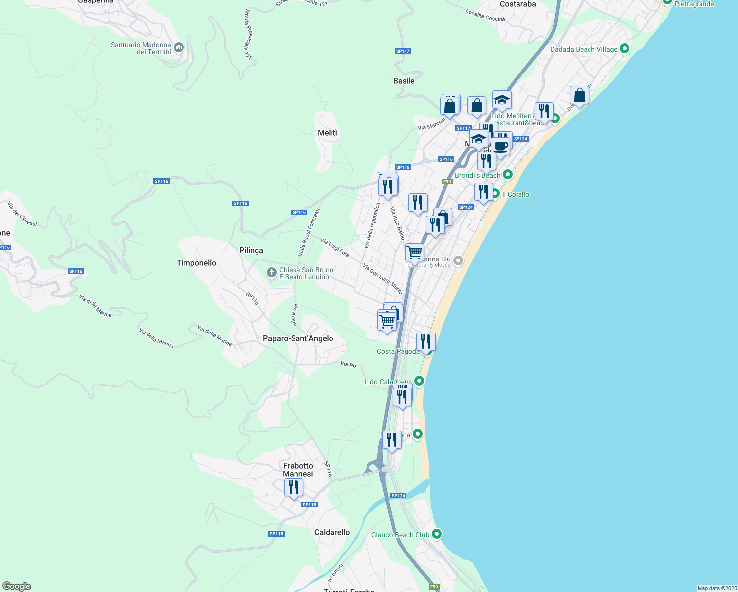 map of restaurants, bars, coffee shops, grocery stores, and more near 20 Via Filippo Turati in Montepaone Lido