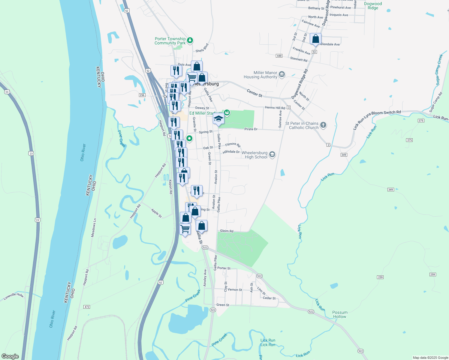 map of restaurants, bars, coffee shops, grocery stores, and more near 8669 Hillcrest Rd in Wheelersburg