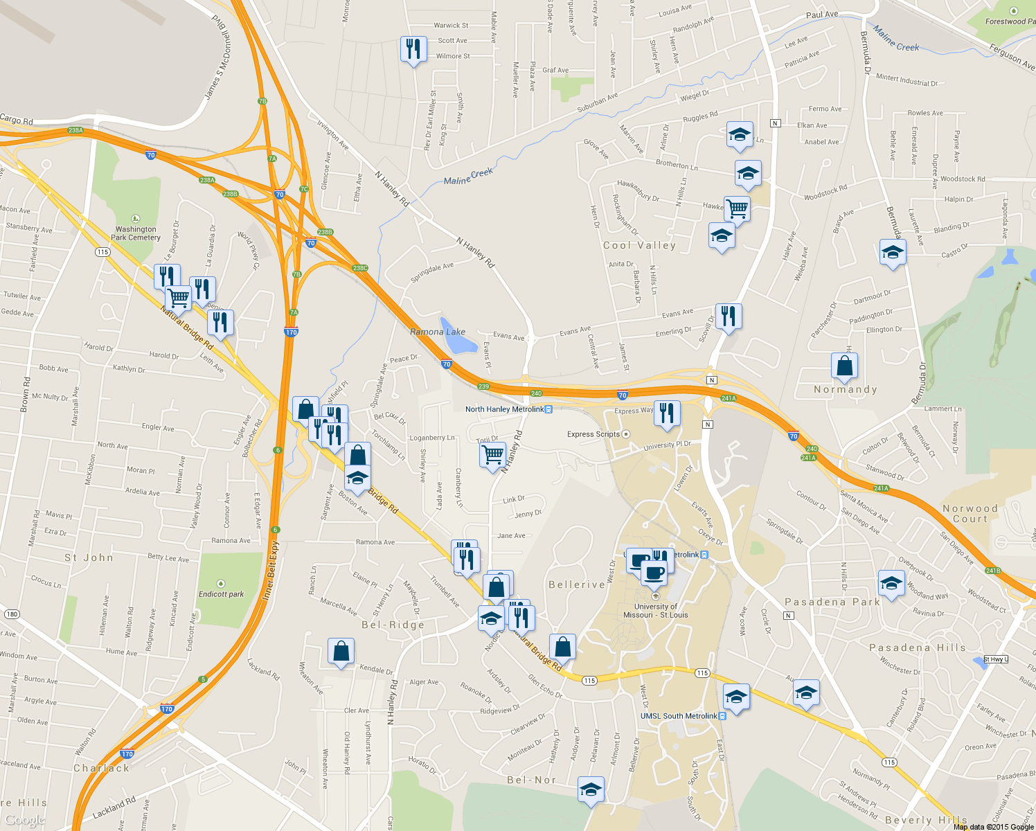map of restaurants, bars, coffee shops, grocery stores, and more near 8806 Dragonwyk Drive in St. Louis