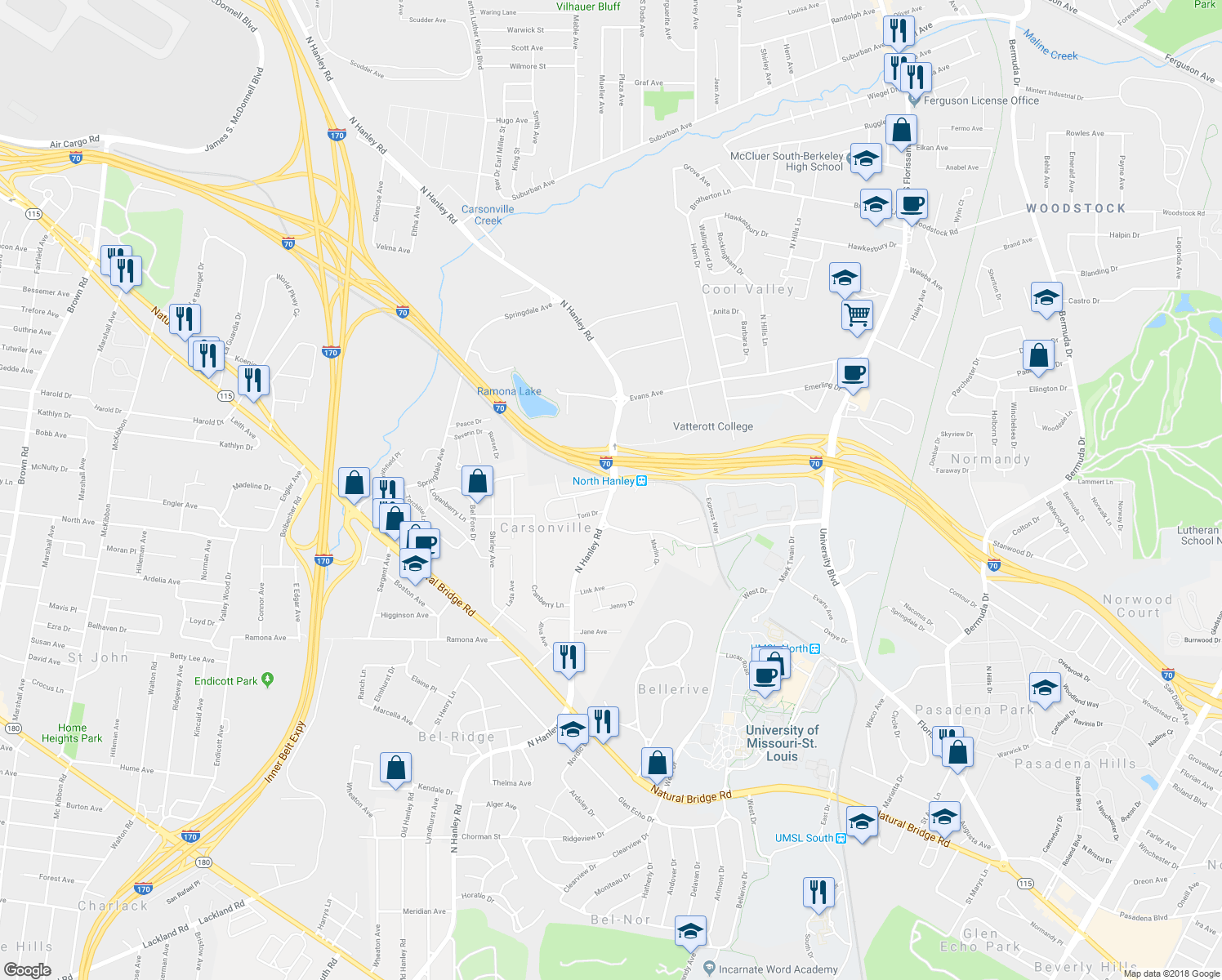 map of restaurants, bars, coffee shops, grocery stores, and more near 3733 North Hanley Road in St. Louis