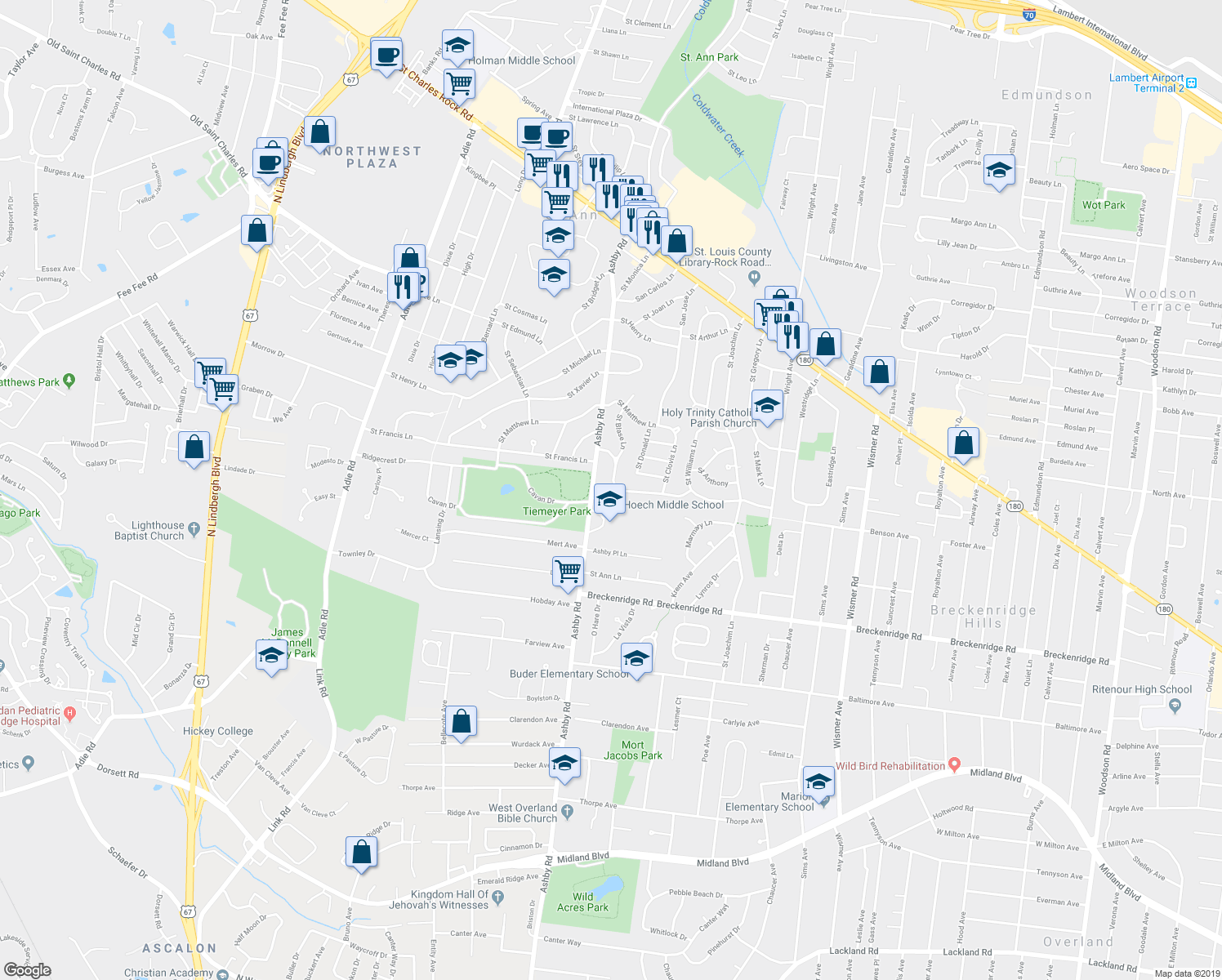 map of restaurants, bars, coffee shops, grocery stores, and more near 10352 Saint Katherine Lane in Saint Ann