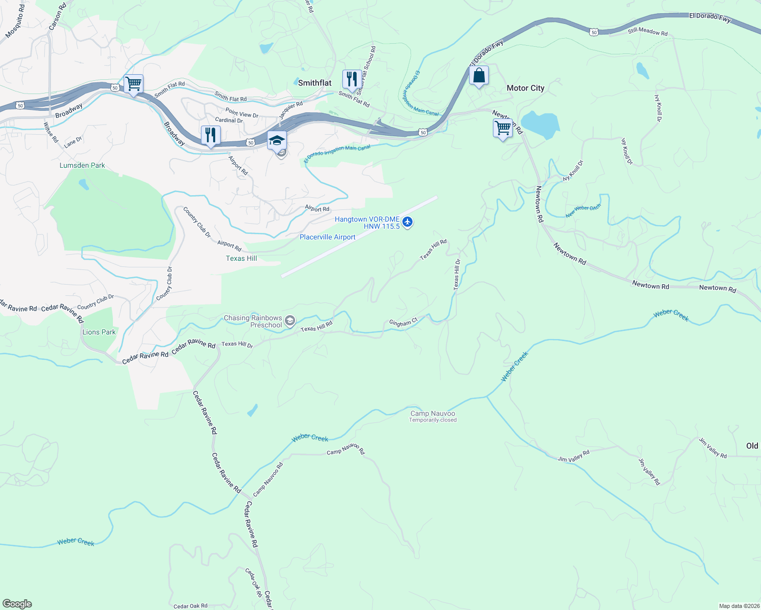 map of restaurants, bars, coffee shops, grocery stores, and more near 3041 Texas Hill Road in Placerville