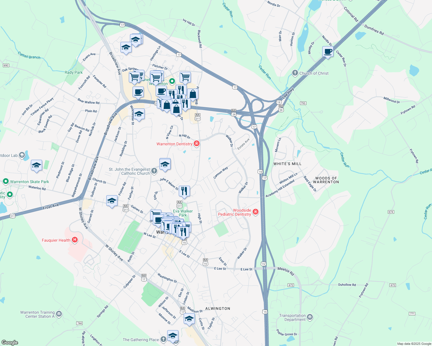 map of restaurants, bars, coffee shops, grocery stores, and more near 330 Cannon Way in Warrenton