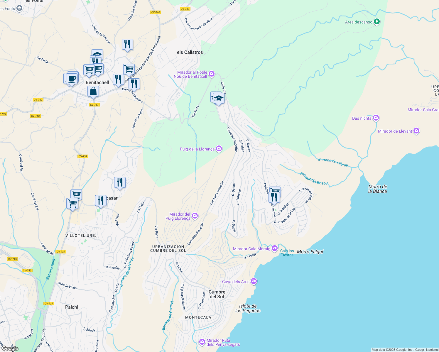 map of restaurants, bars, coffee shops, grocery stores, and more near 81 Carretera Superior in El Poble Nou de Benitatxell