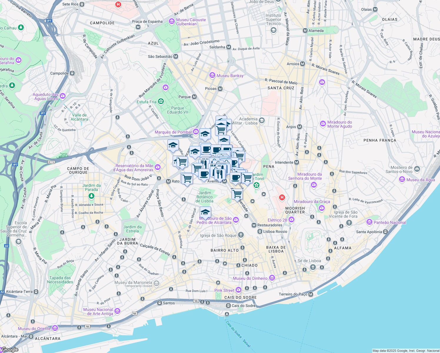 map of restaurants, bars, coffee shops, grocery stores, and more near Avenida da Liberdade in Lisbon
