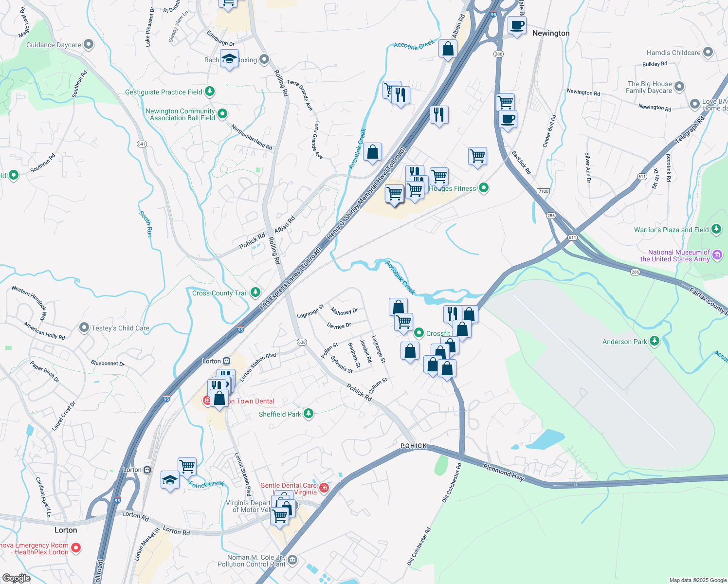 map of restaurants, bars, coffee shops, grocery stores, and more near 8723 Lagrange Street in Lorton