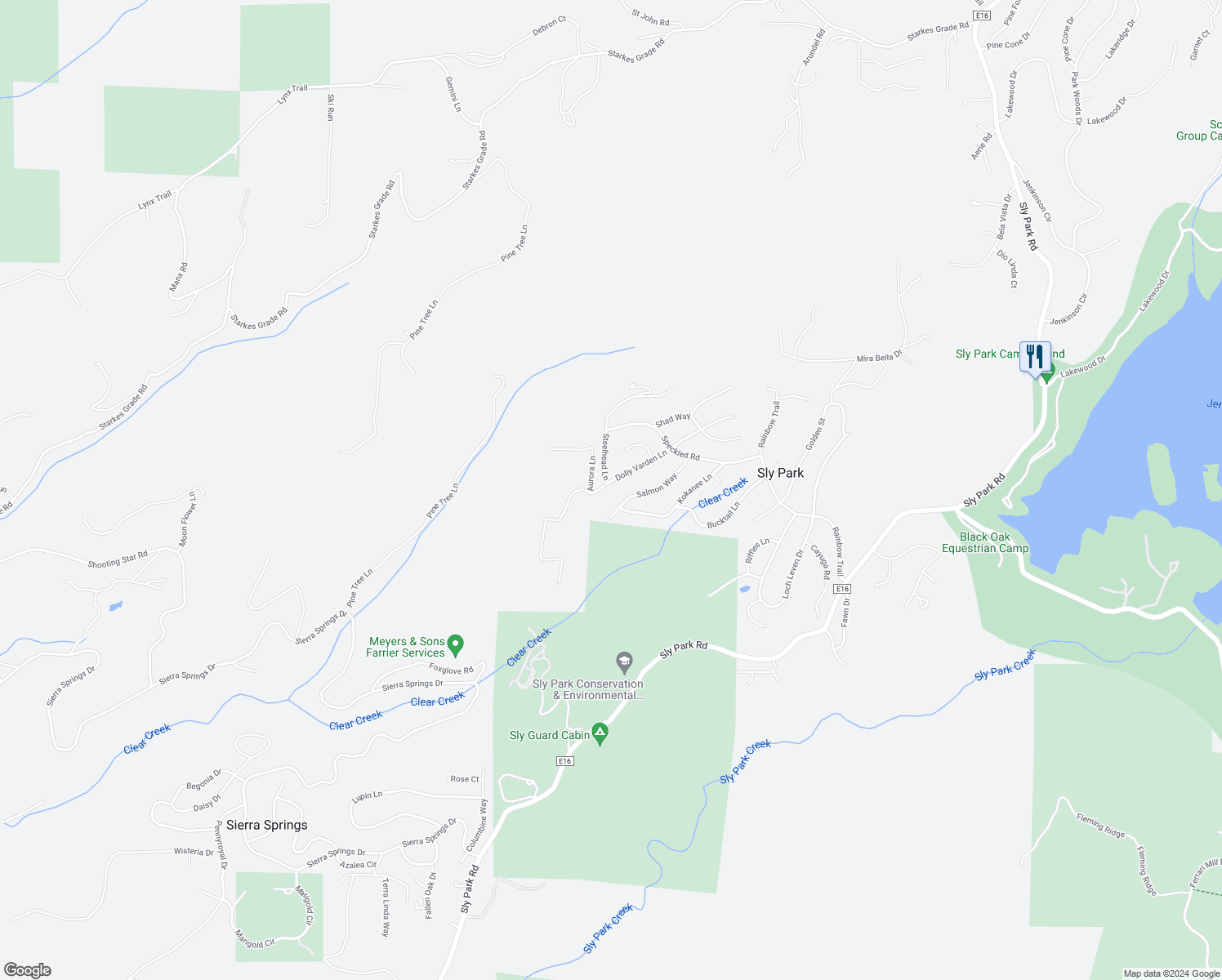 map of restaurants, bars, coffee shops, grocery stores, and more near 6134 Dolly Varden Lane in Pollock Pines