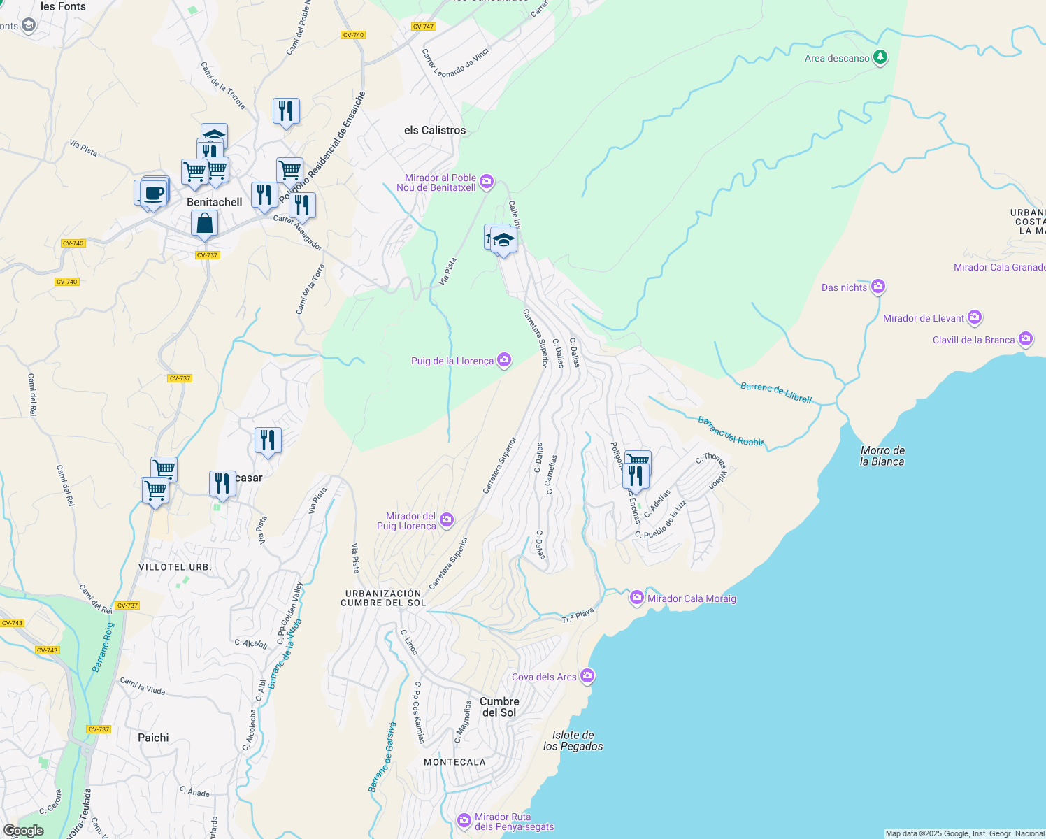 map of restaurants, bars, coffee shops, grocery stores, and more near 81 Carretera Superior in El Poble Nou de Benitatxell