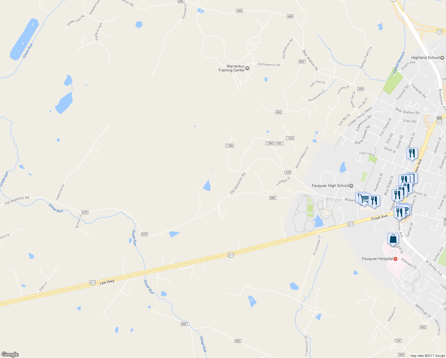 map of restaurants, bars, coffee shops, grocery stores, and more near 7929 Wellington Drive in Warrenton