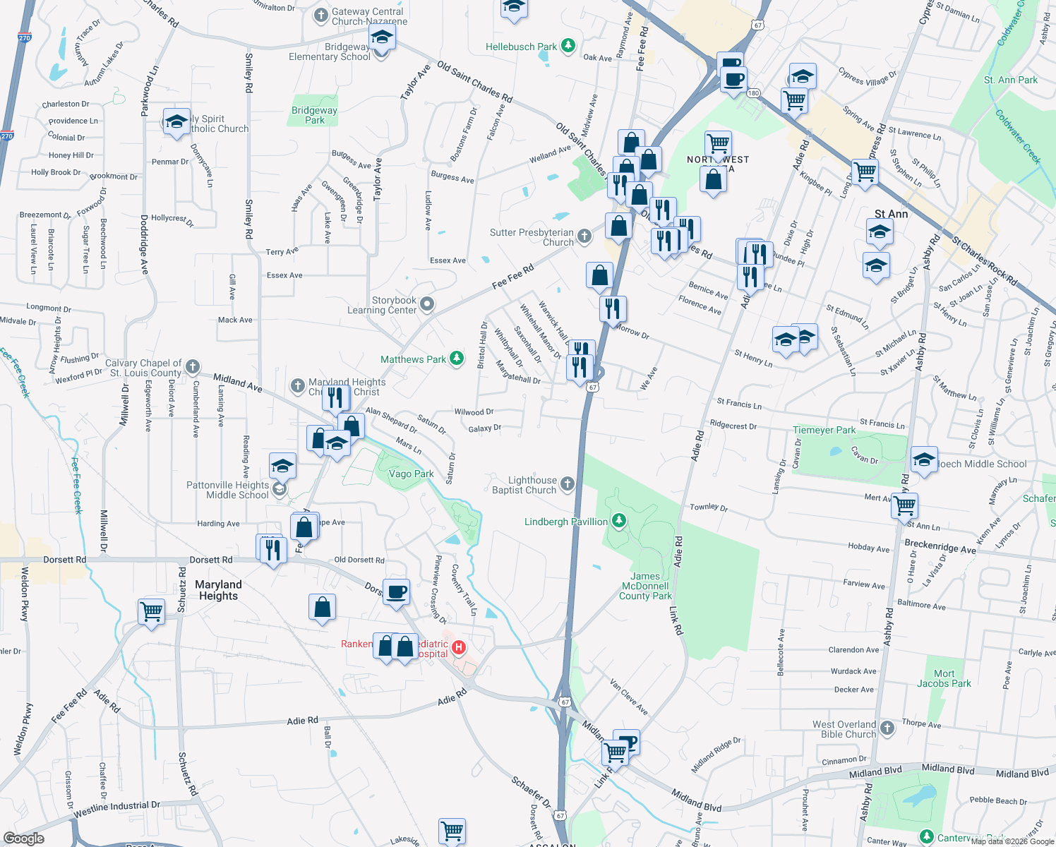map of restaurants, bars, coffee shops, grocery stores, and more near 2920 Galaxy Place in Maryland Heights