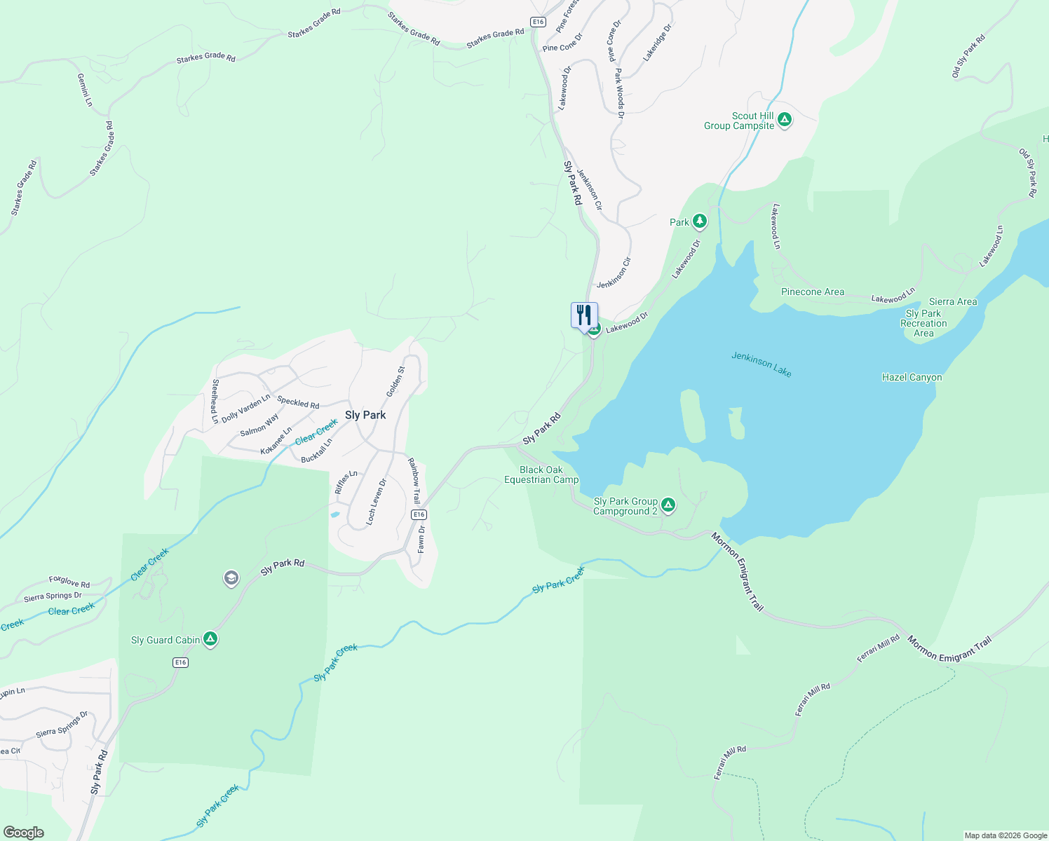 map of restaurants, bars, coffee shops, grocery stores, and more near 5110 Sly Park Road in Pollock Pines