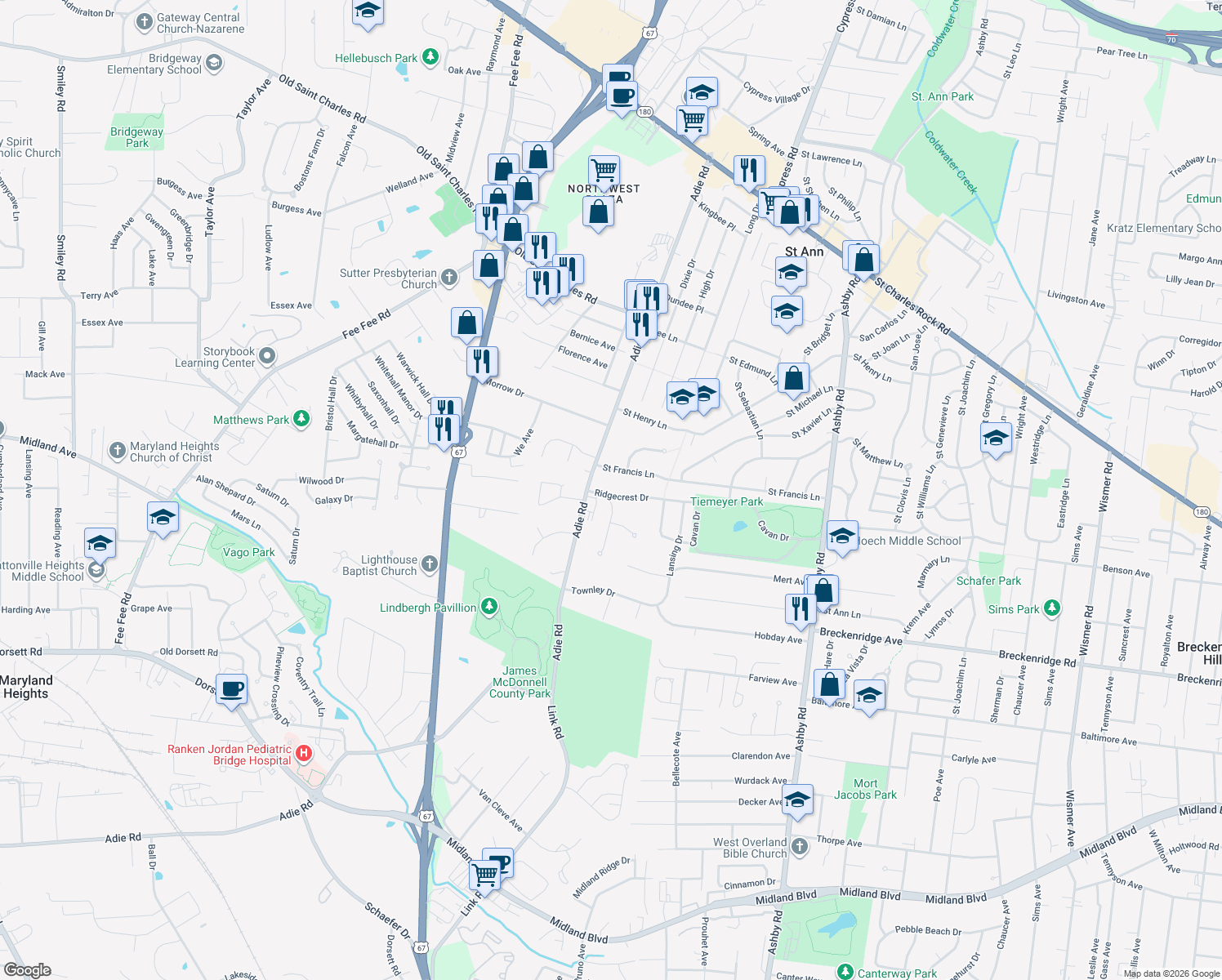 map of restaurants, bars, coffee shops, grocery stores, and more near 10955 Ridgecrest Drive in Saint Ann