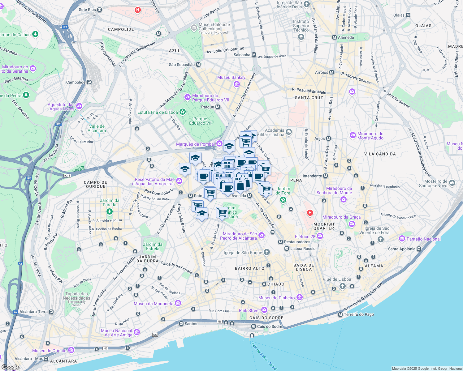 map of restaurants, bars, coffee shops, grocery stores, and more near 31 Rua Barata Salgueiro in Lisboa