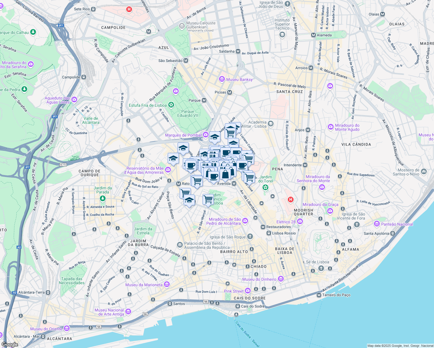 map of restaurants, bars, coffee shops, grocery stores, and more near 31 Rua Barata Salgueiro in Lisboa