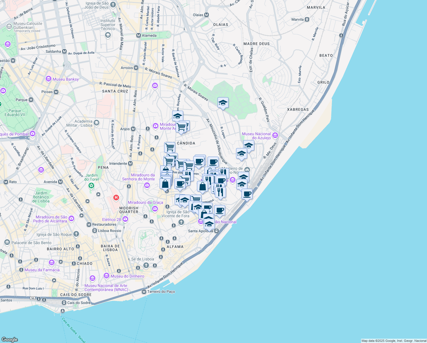 map of restaurants, bars, coffee shops, grocery stores, and more near 19 Rua General Justiniano Padrel in Lisbon