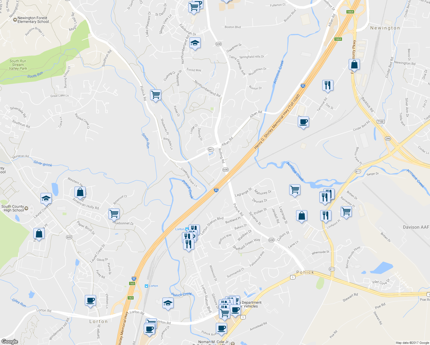map of restaurants, bars, coffee shops, grocery stores, and more near 7727 Hickory Glen Way in Springfield