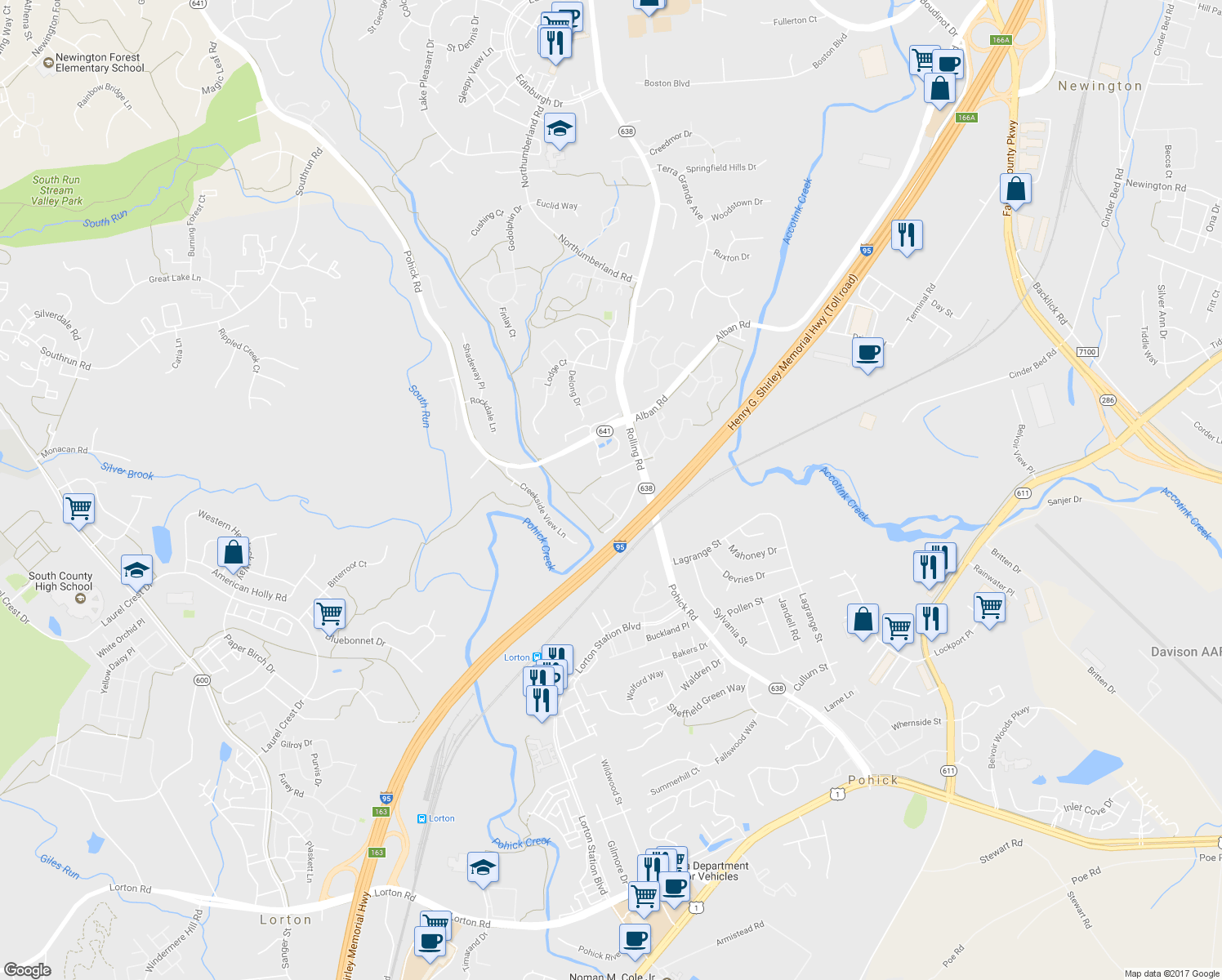 map of restaurants, bars, coffee shops, grocery stores, and more near 7720 Hickory Glen Way in Springfield