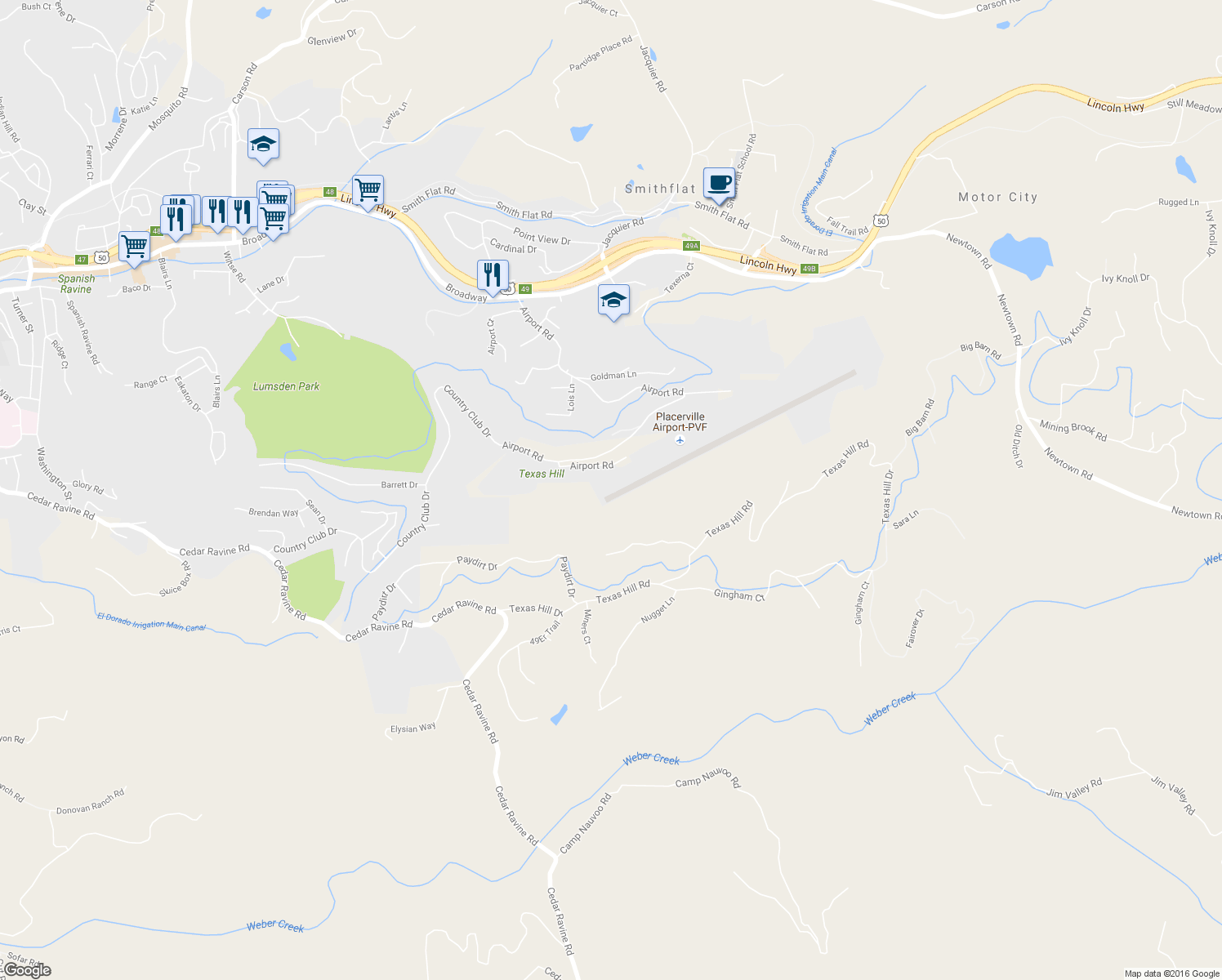 map of restaurants, bars, coffee shops, grocery stores, and more near 3501 Airport Rd in Placerville