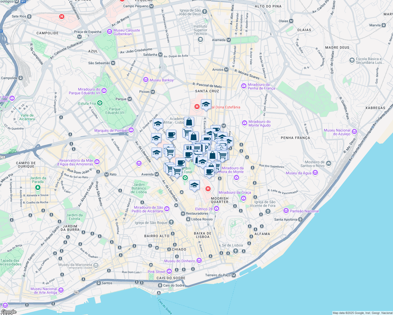map of restaurants, bars, coffee shops, grocery stores, and more near in Lisboa