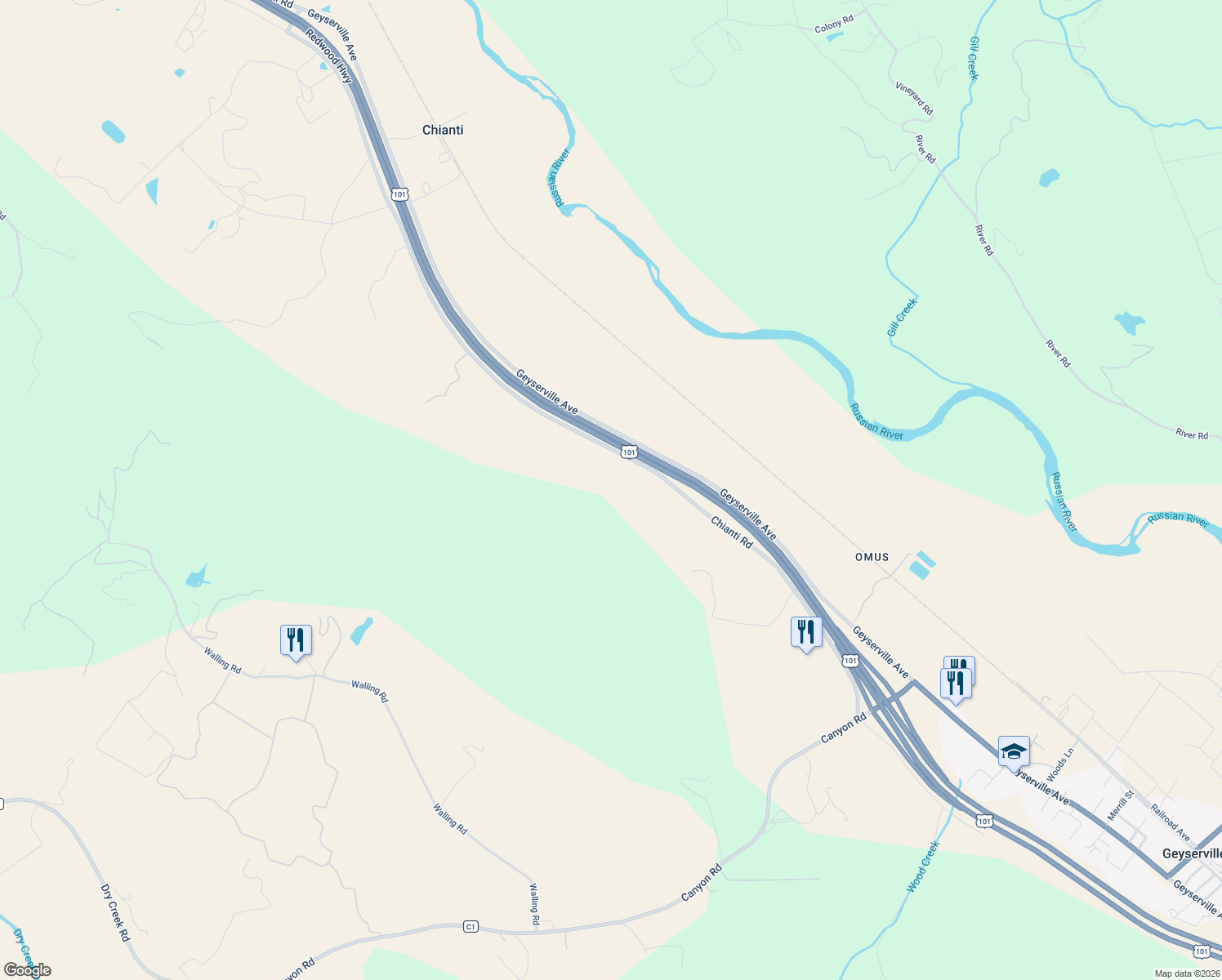 map of restaurants, bars, coffee shops, grocery stores, and more near 22855 Chianti Road in Cloverdale