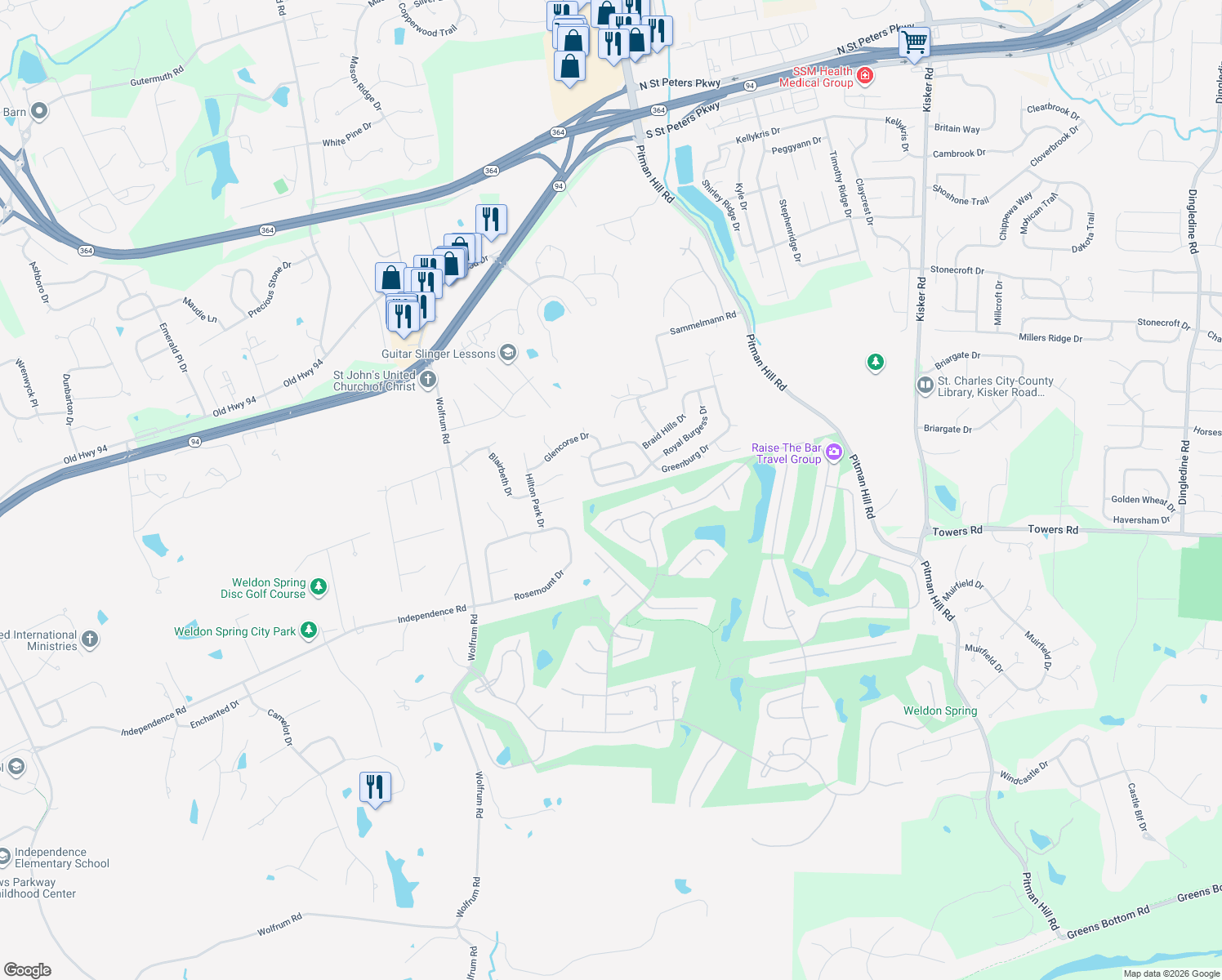 map of restaurants, bars, coffee shops, grocery stores, and more near 5052 Castle Douglas Drive in Saint Peters