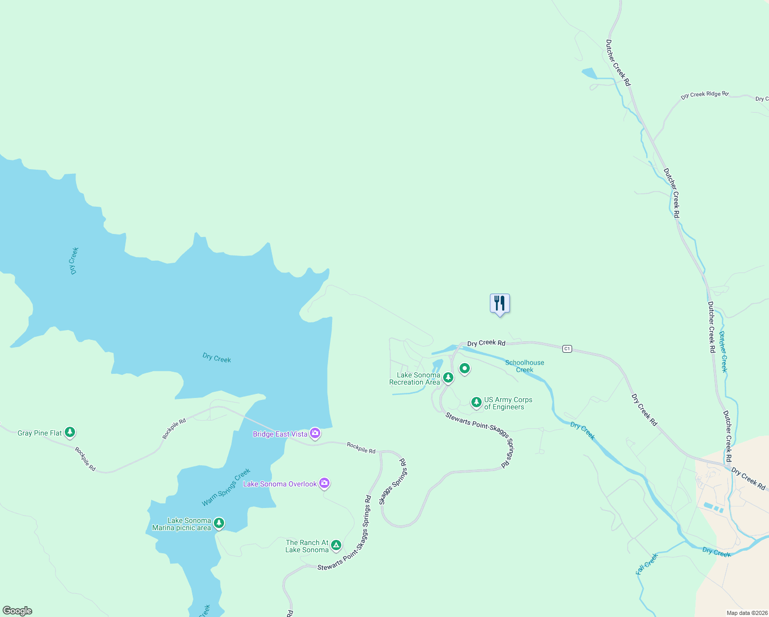 map of restaurants, bars, coffee shops, grocery stores, and more near Lake Sonoma Fish Hatchery in Geyserville