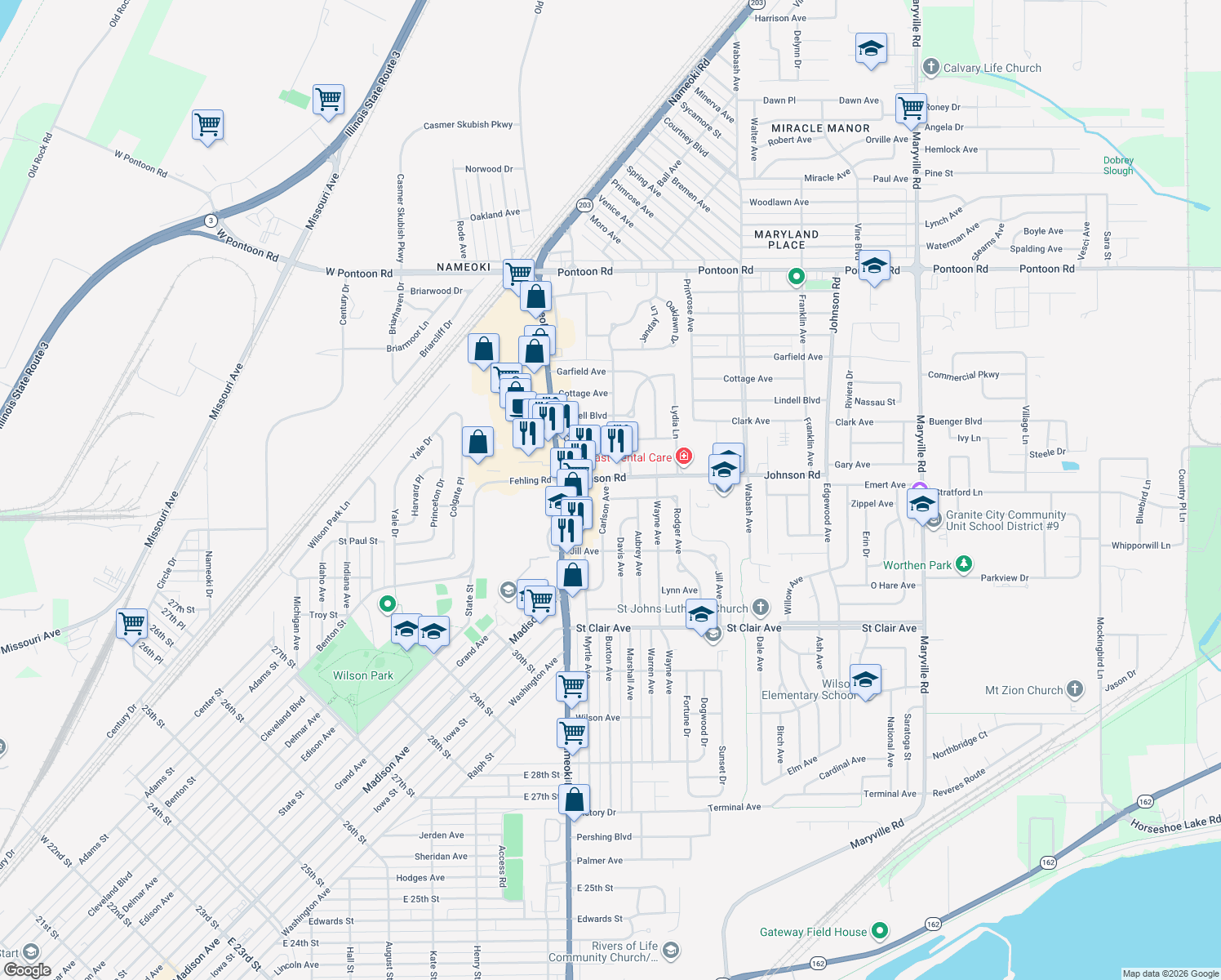 map of restaurants, bars, coffee shops, grocery stores, and more near 3256 Carlson Avenue in Granite City