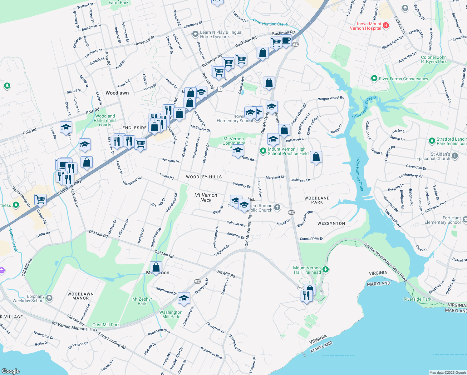 map of restaurants, bars, coffee shops, grocery stores, and more near 3801 Woodley Drive in Alexandria