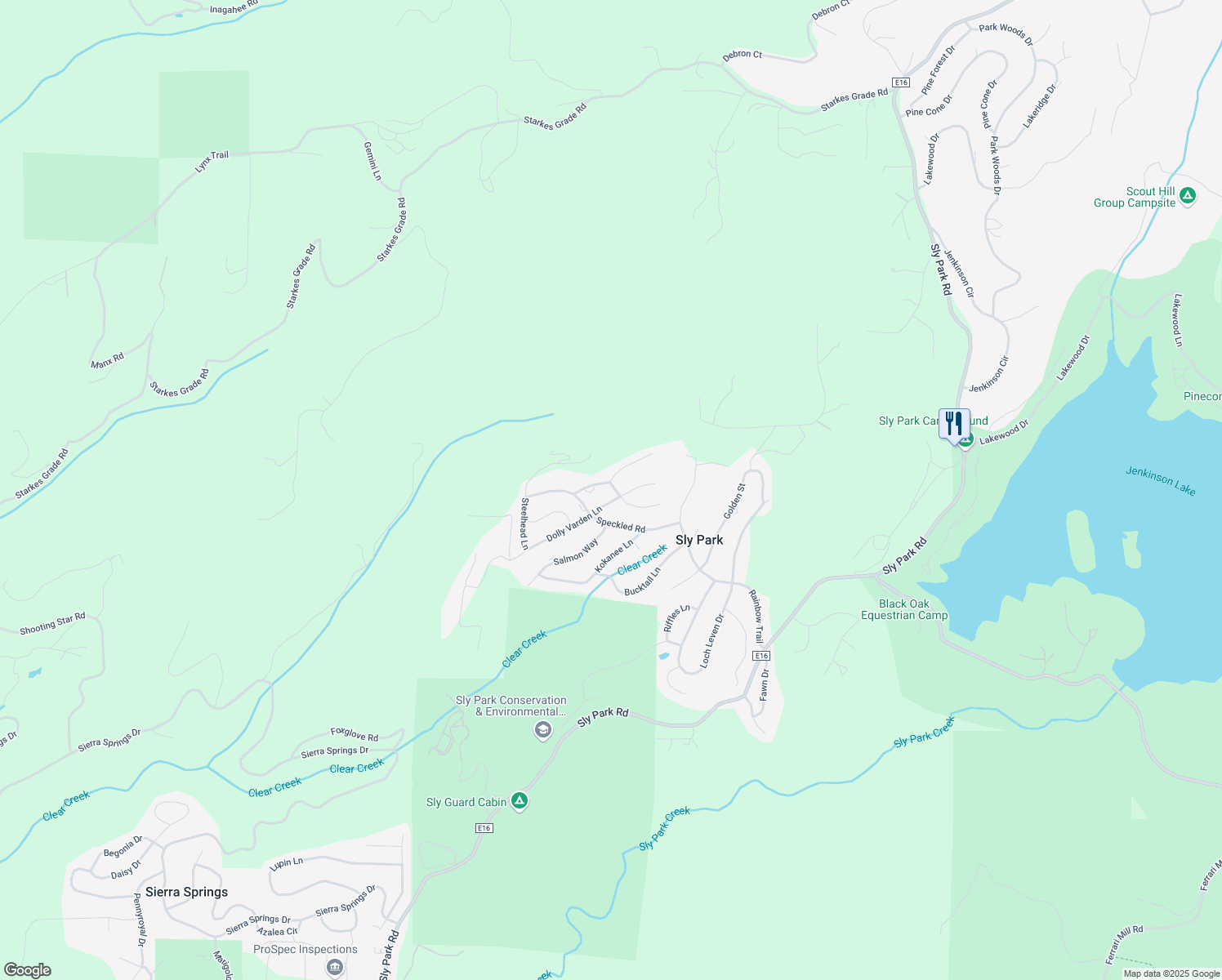 map of restaurants, bars, coffee shops, grocery stores, and more near 6172 Shad Way in Pollock Pines