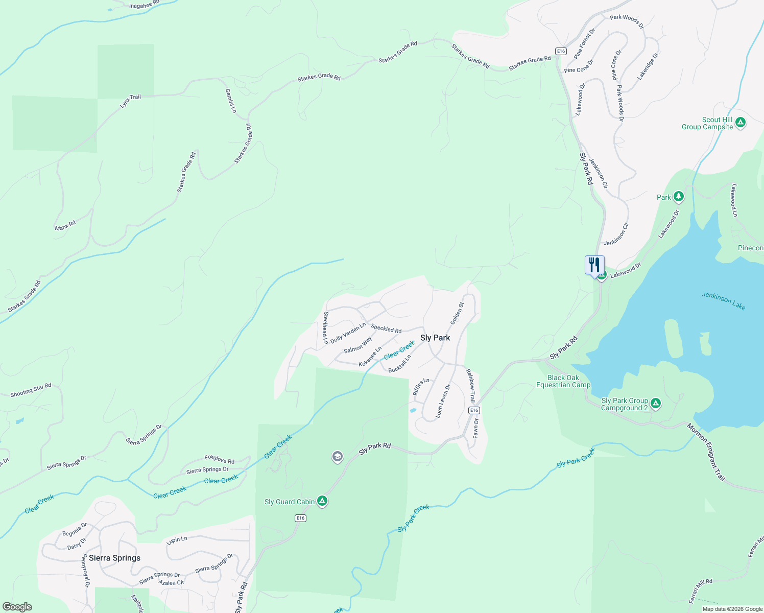 map of restaurants, bars, coffee shops, grocery stores, and more near 6172 Shad Way in Pollock Pines