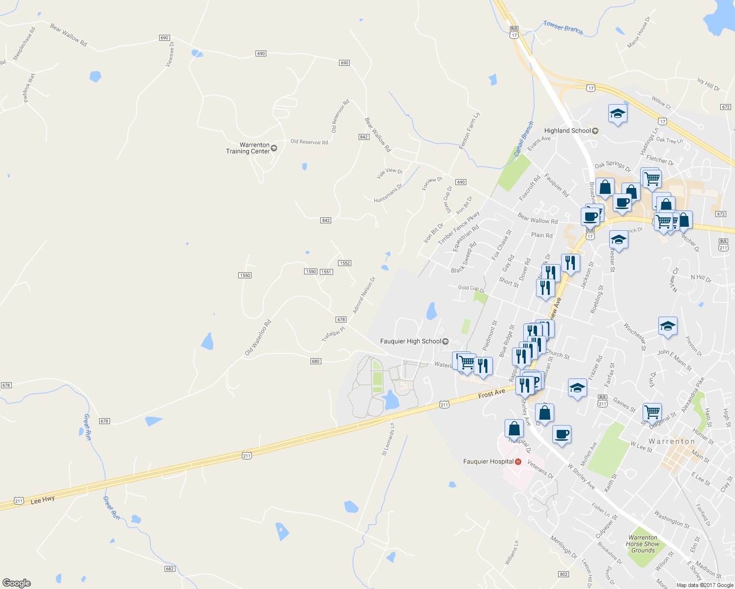 map of restaurants, bars, coffee shops, grocery stores, and more near 7493 Admiral Nelson Drive in Warrenton