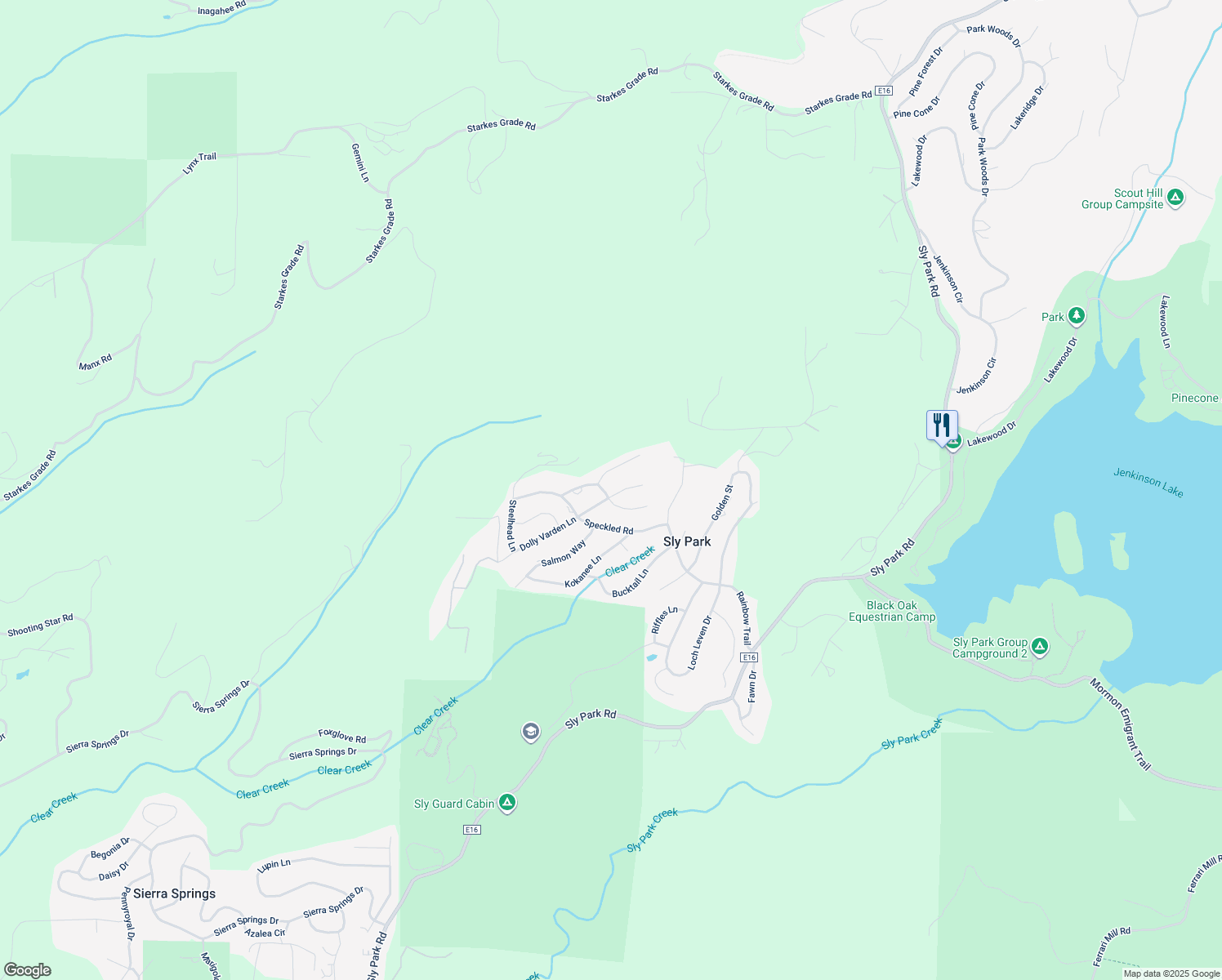 map of restaurants, bars, coffee shops, grocery stores, and more near 6284 Greyling Way in Pollock Pines