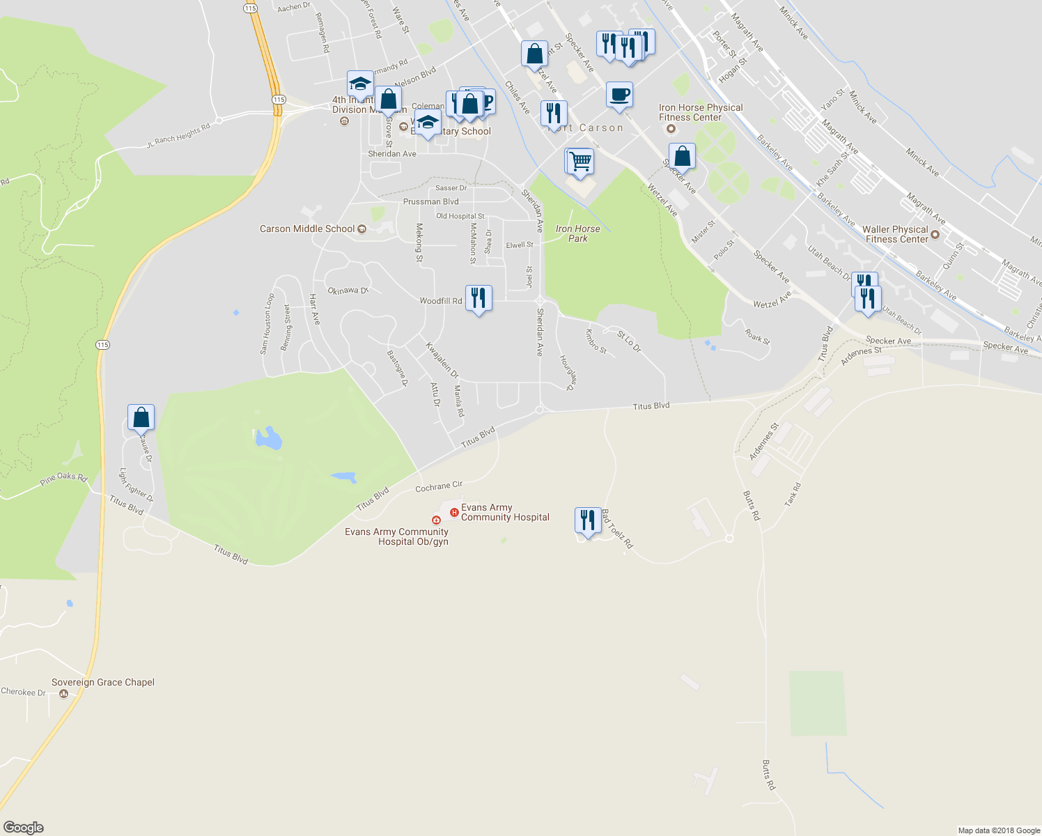 map of restaurants, bars, coffee shops, grocery stores, and more near Titus Boulevard in Fort Carson