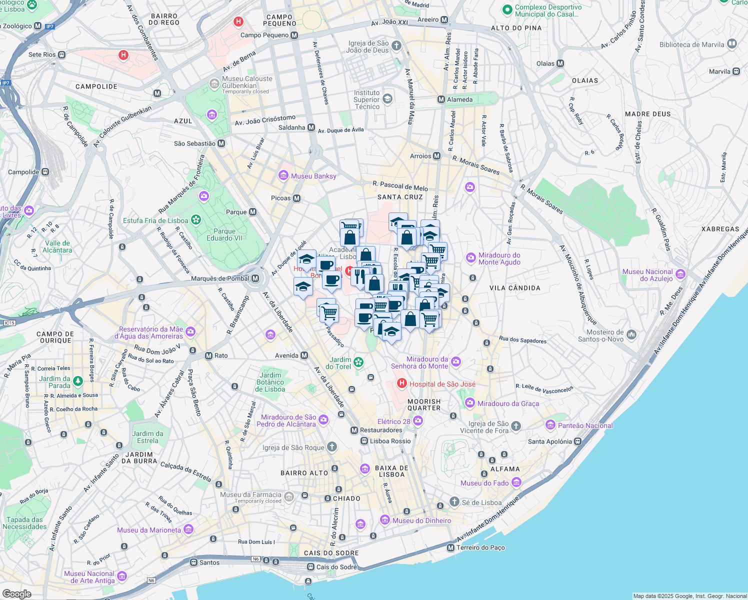map of restaurants, bars, coffee shops, grocery stores, and more near in Lisbon