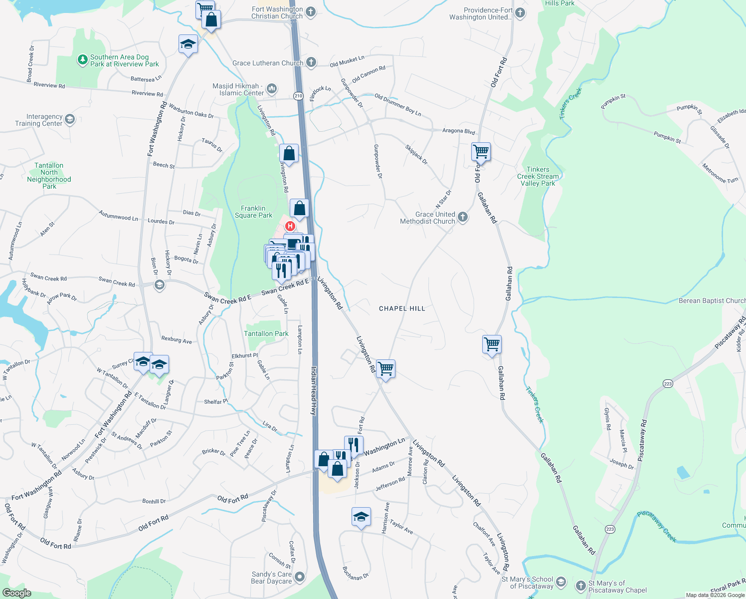 map of restaurants, bars, coffee shops, grocery stores, and more near 1404 Rich Hill Drive in Fort Washington