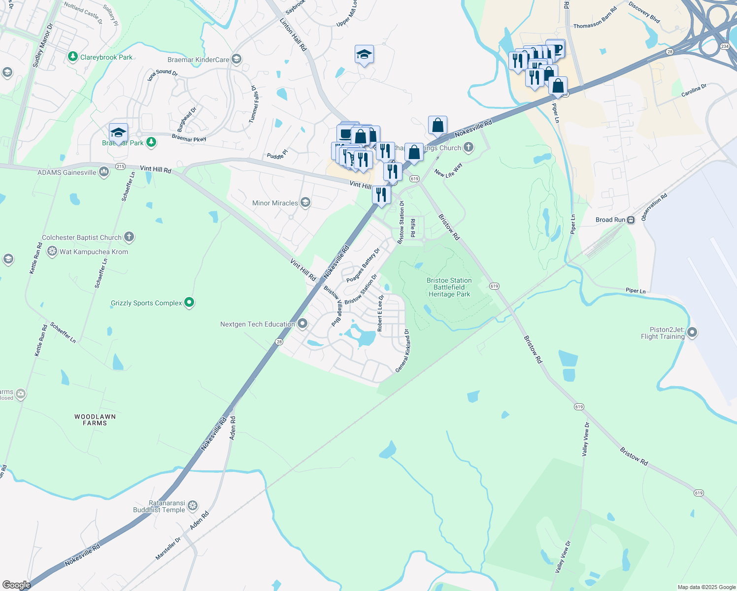 map of restaurants, bars, coffee shops, grocery stores, and more near 11837 Whitworth Cannon Lane in Bristow