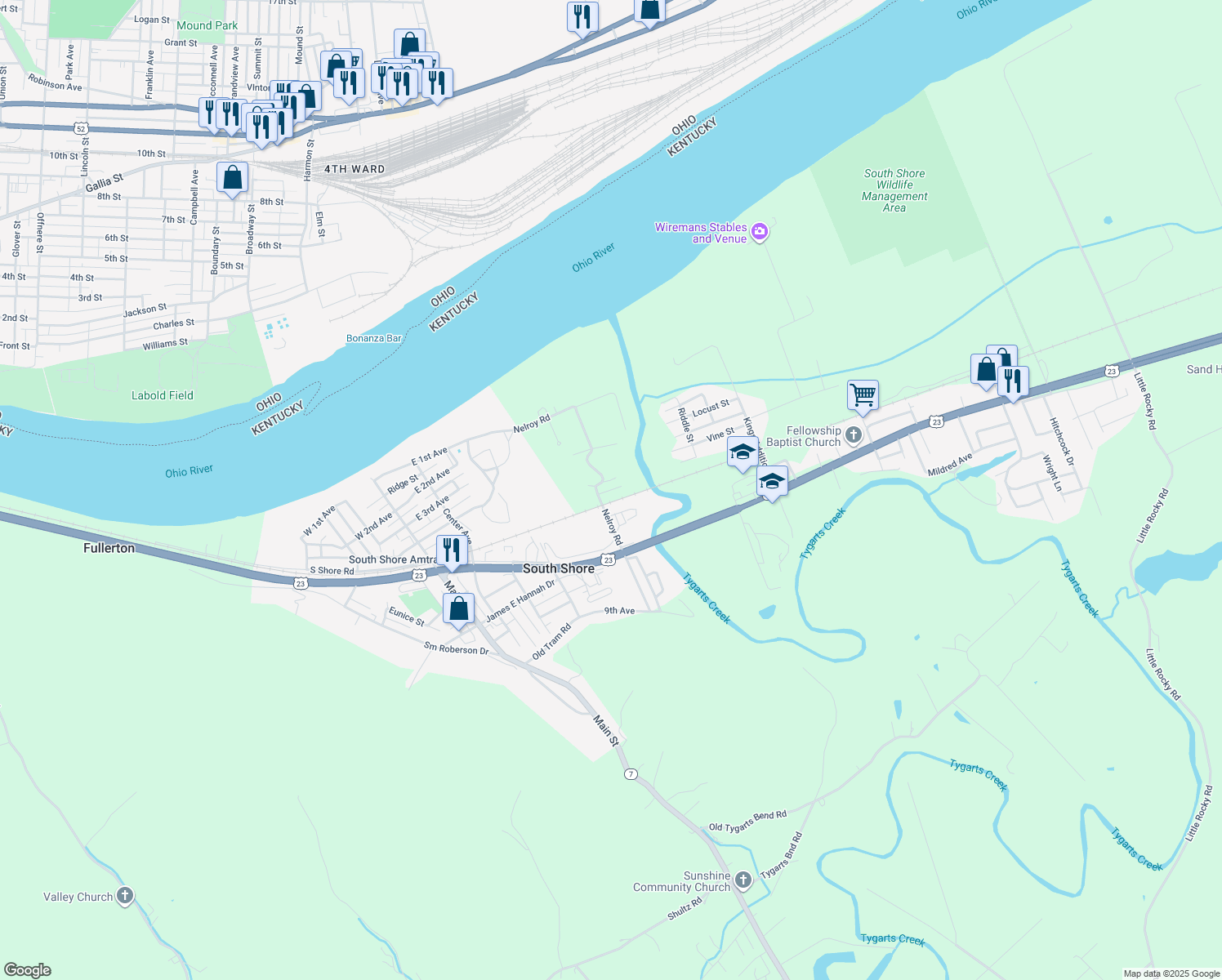 map of restaurants, bars, coffee shops, grocery stores, and more near Tygart Lane in South Shore