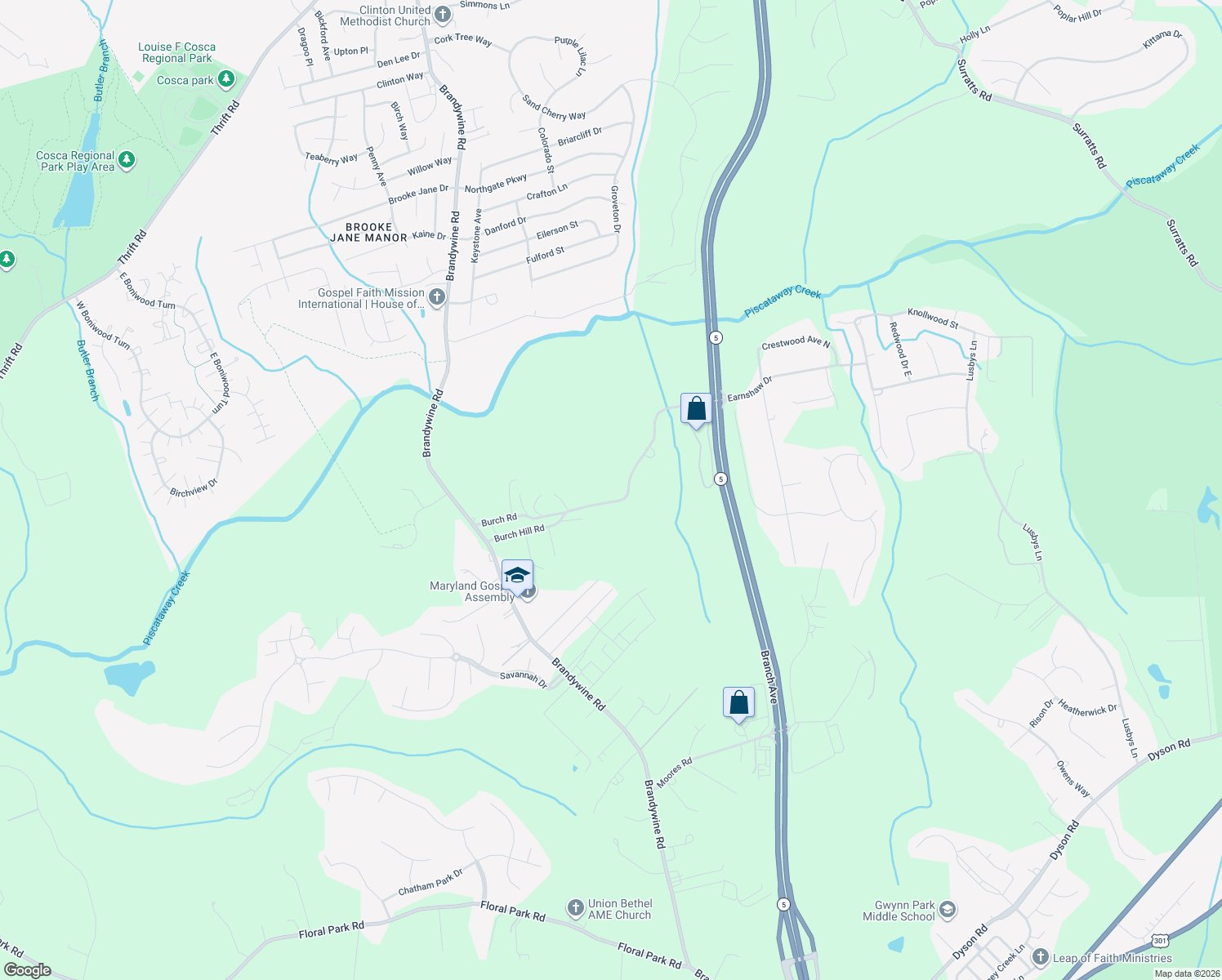map of restaurants, bars, coffee shops, grocery stores, and more near 6904 Burch Hill Road in Brandywine